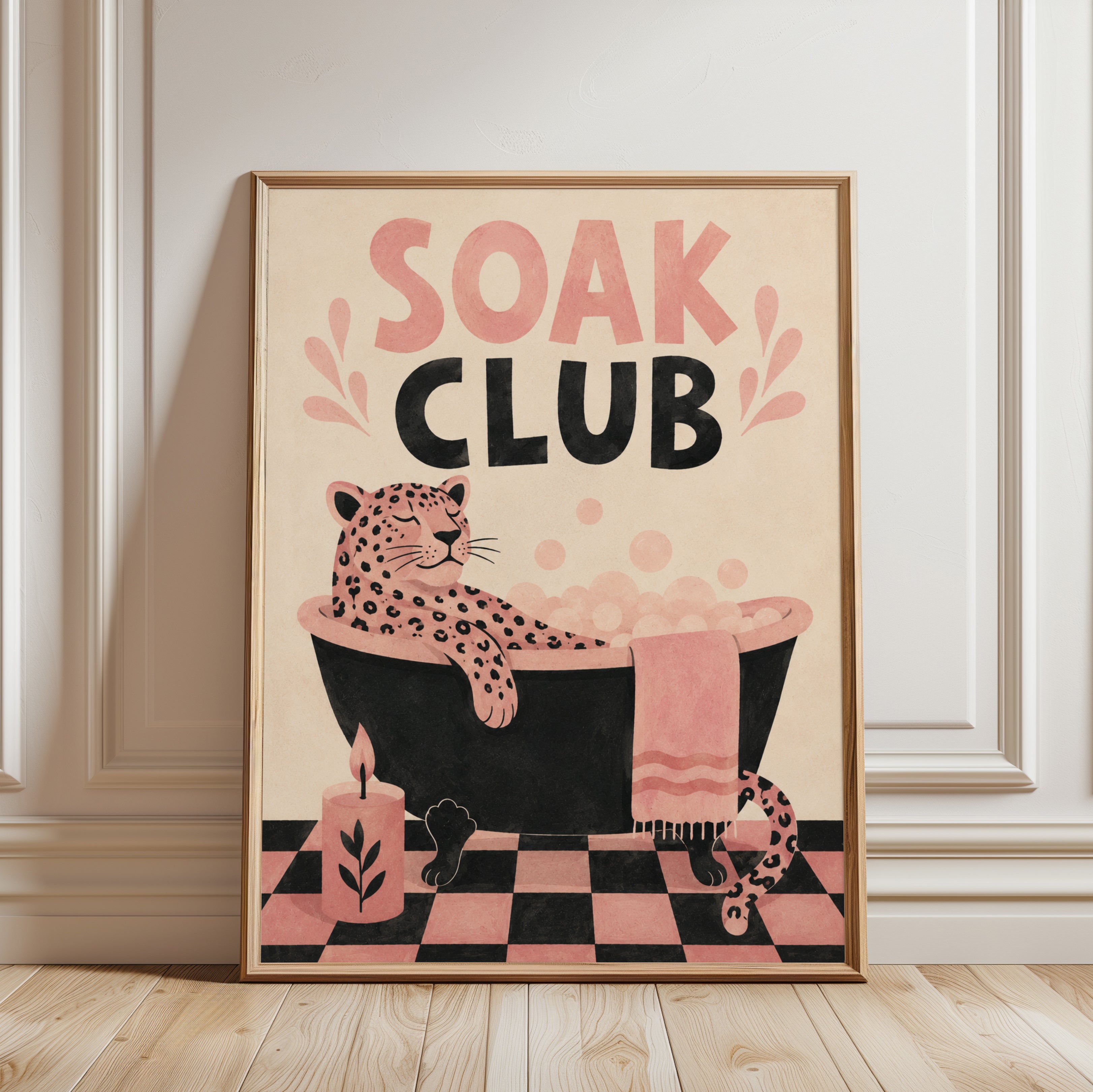 Soak Club Leopard Bath Print: Retro Pink and Black Bathroom Art - framed detail