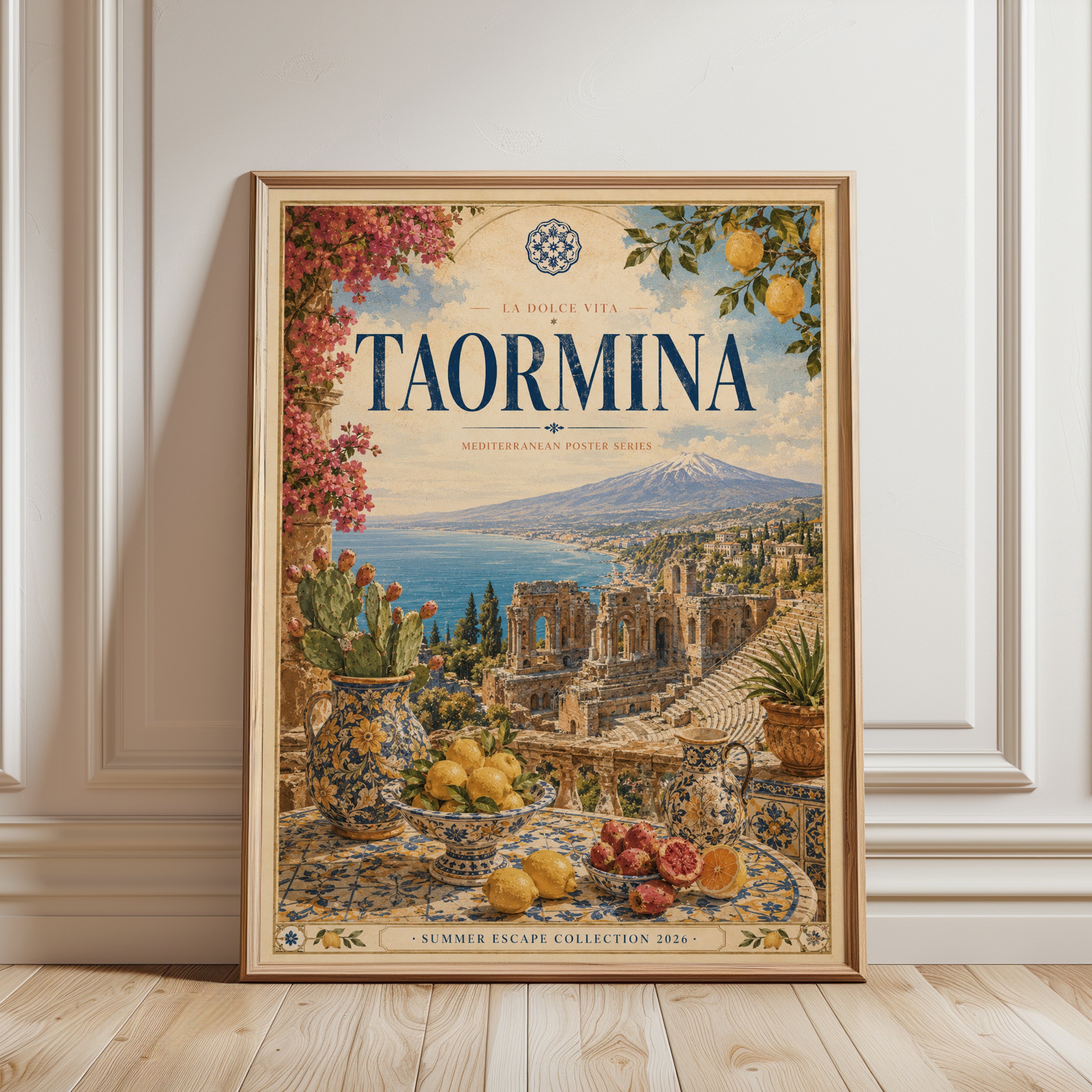 Taormina Italy Travel Poster — Vintage Mediterranean Coast Print - framed detail