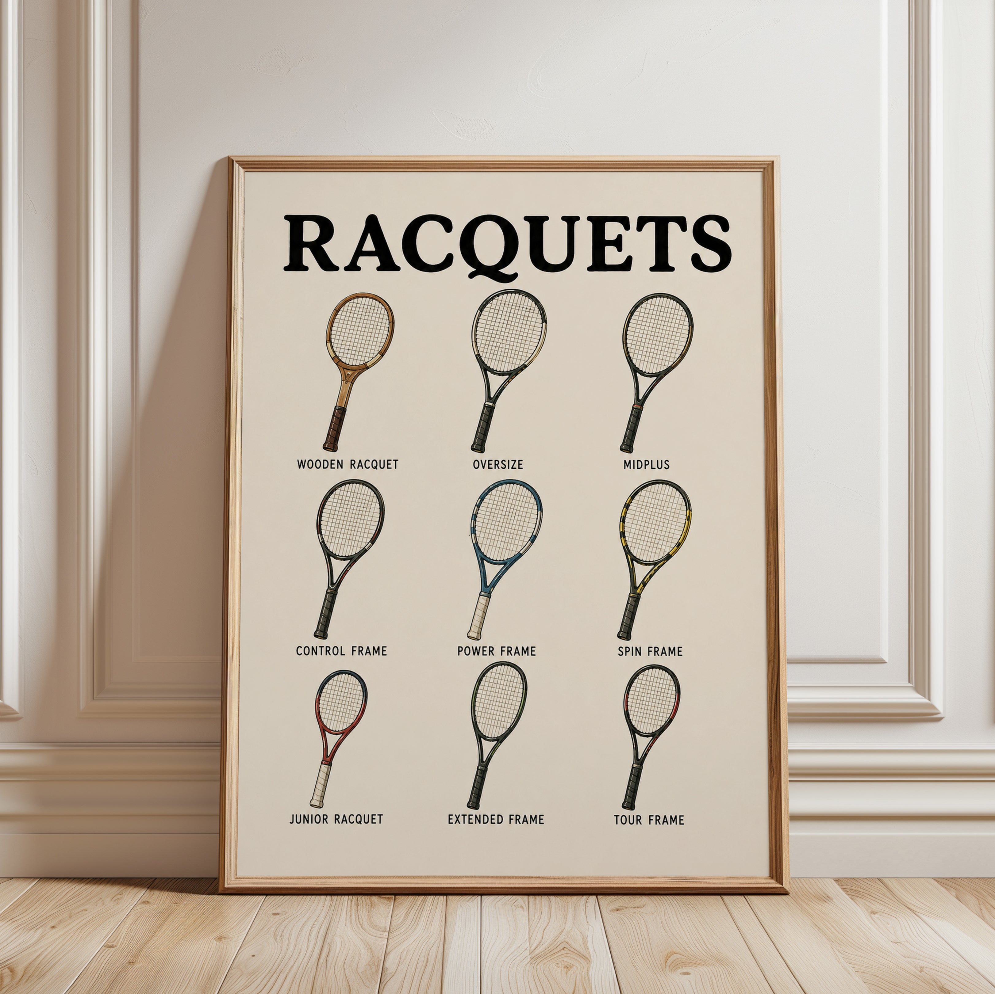 Tennis Racquet Types Print — Vintage Sports Illustration - framed detail