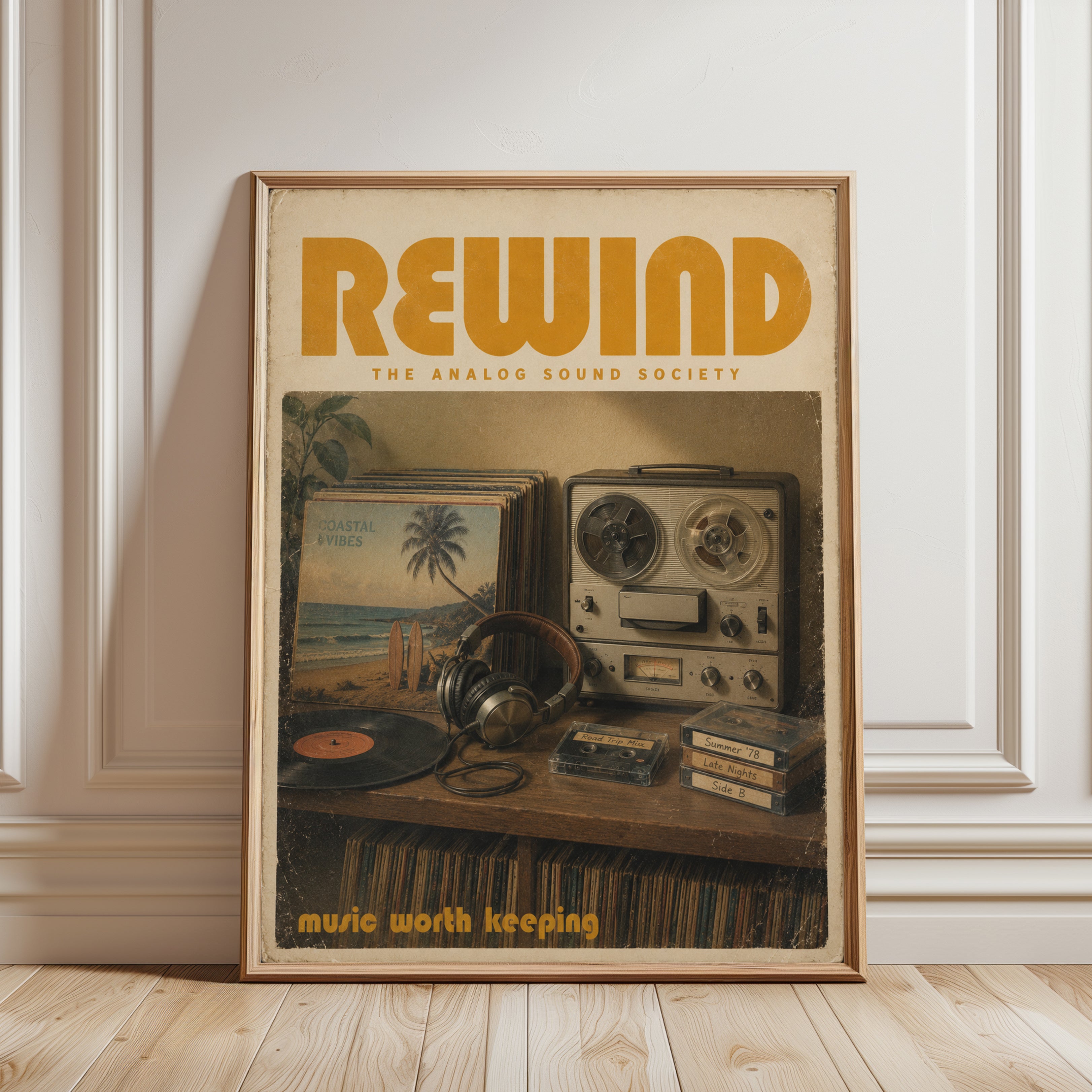 Vintage Analog Audio Poster — Retro Reel-to-Reel & Vinyl - framed detail