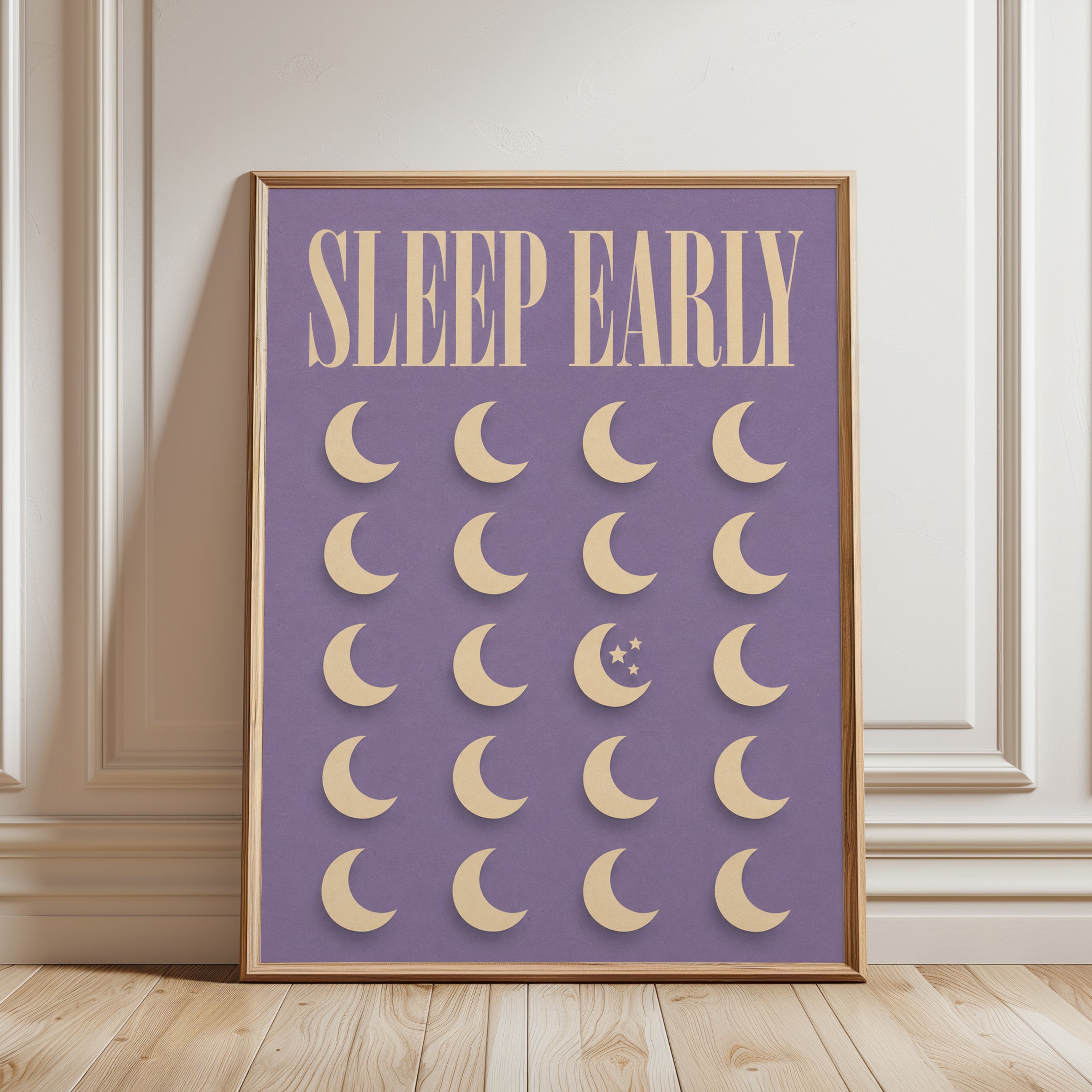 Sleep Early Wall Art Print: Vintage Moon & Stars Typography - framed detail