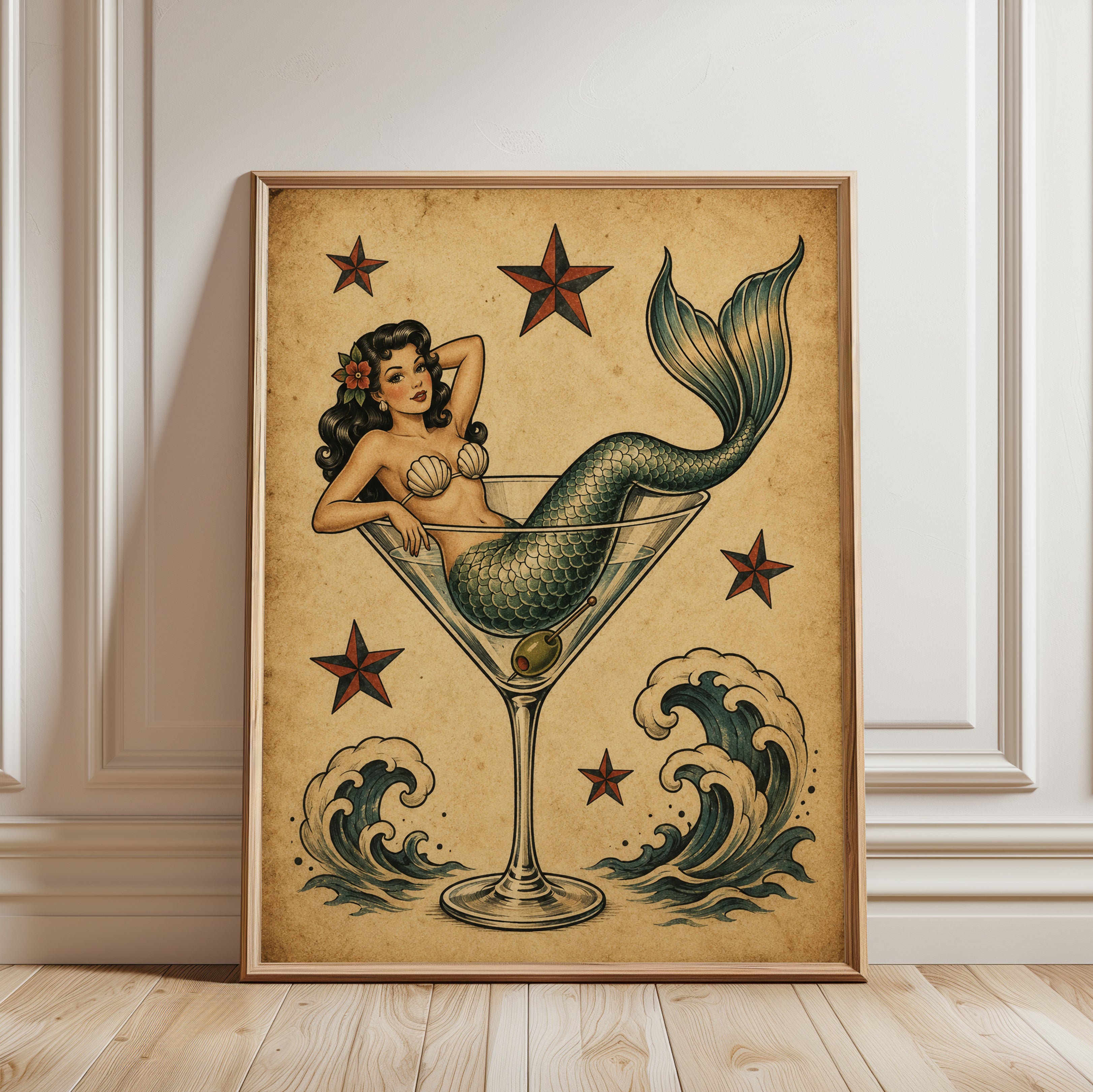 Mermaid Martini Poster: Vintage Tattoo Style Pin-Up Art - framed detail