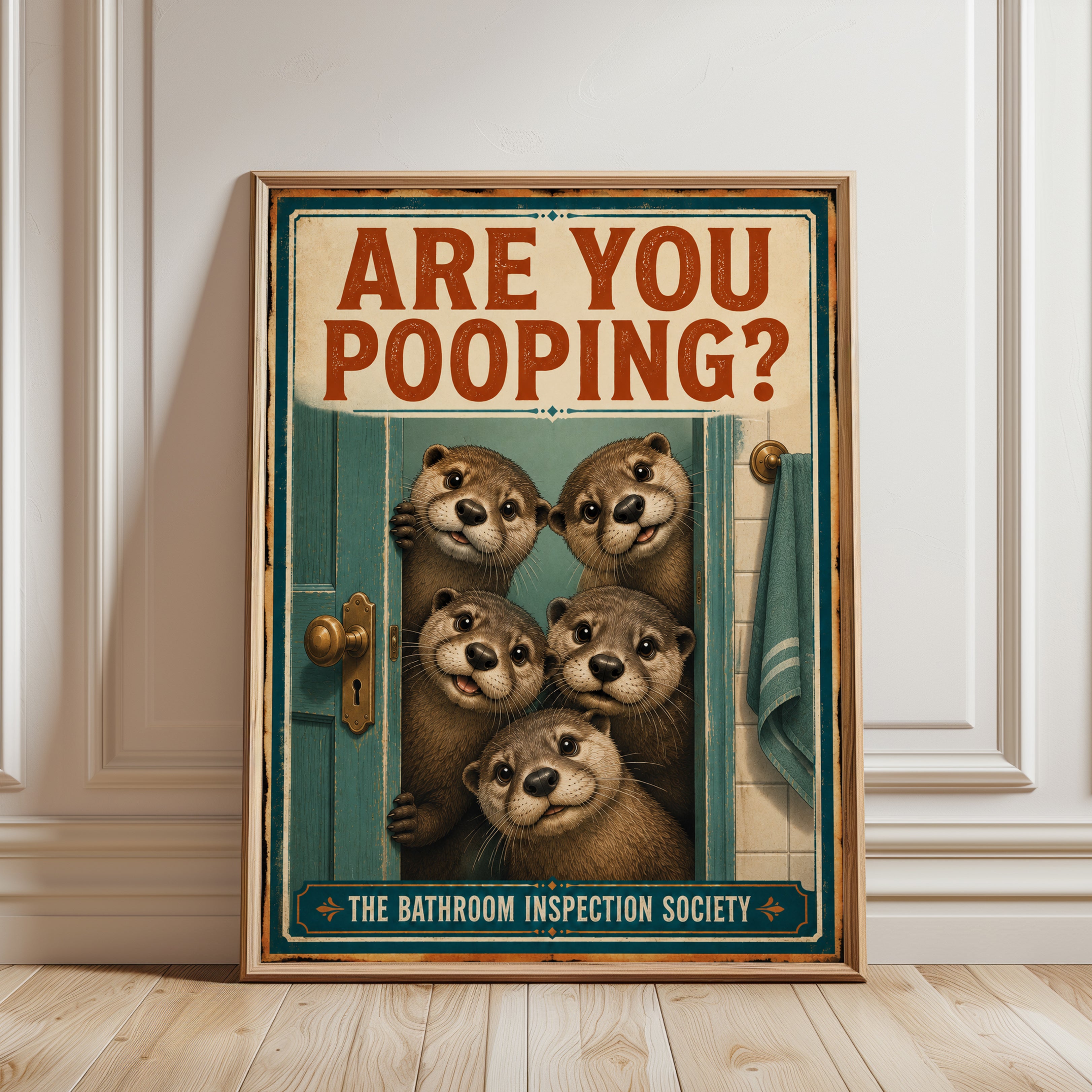 Bathroom Wall Art: Vintage Otter Humor - framed detail