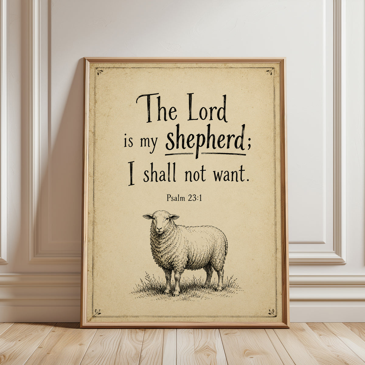 Psalm 23 Wall Art: Vintage Sheep Illustration - framed detail