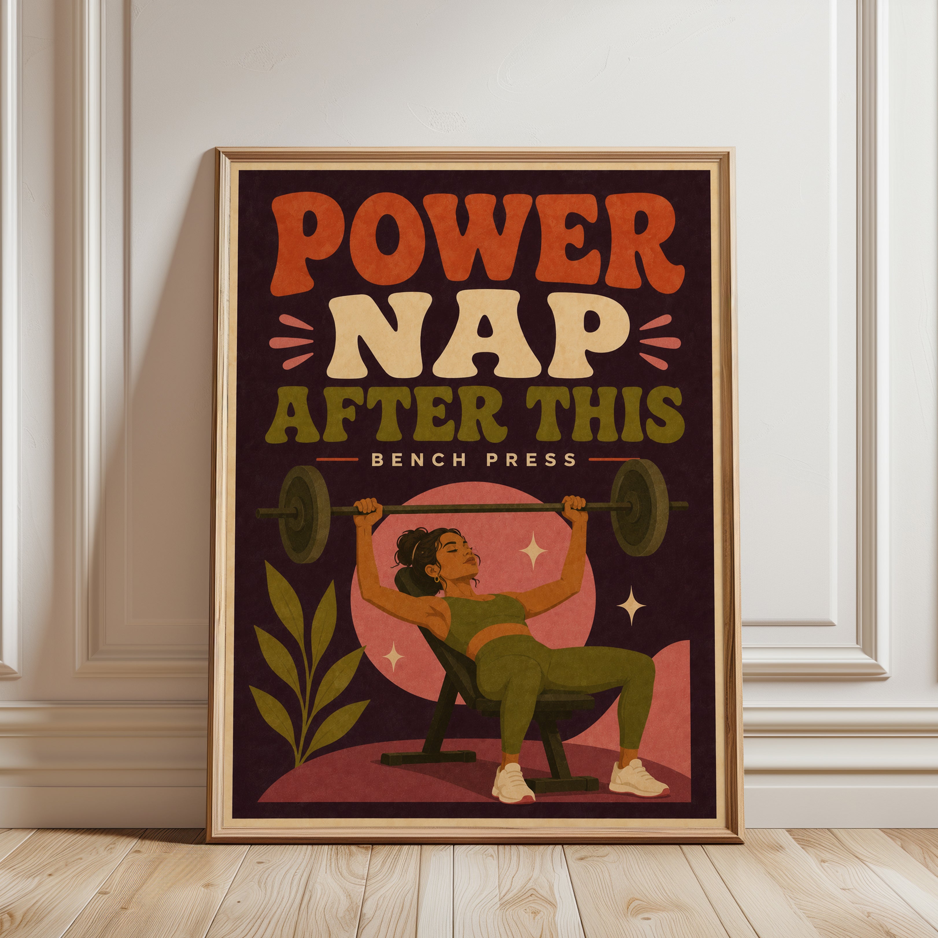 Power Nap After This Bench Press: Retro Fitness Wall Art - framed detail