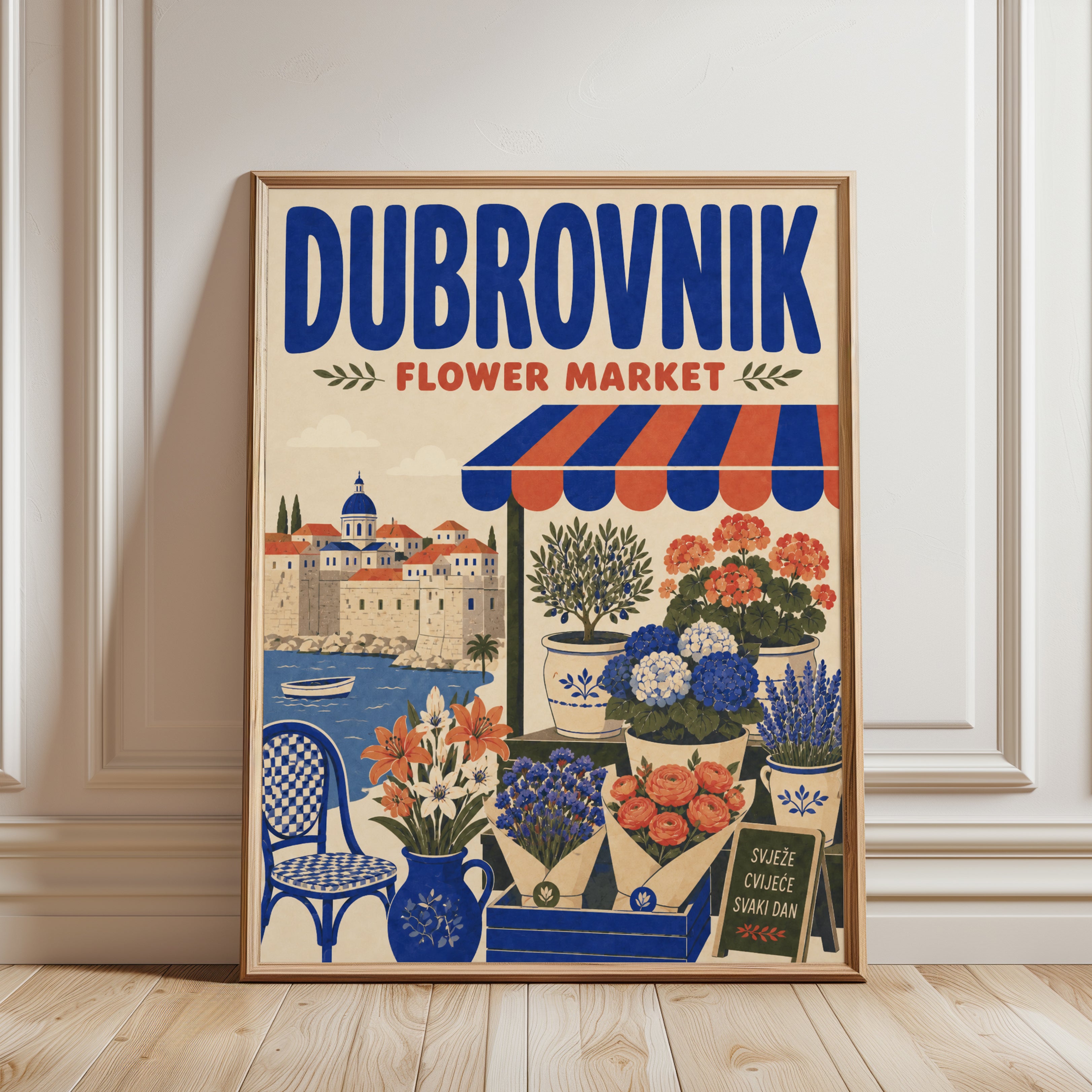 Dubrovnik Flower Market Print: Vintage Travel Poster Style - framed detail