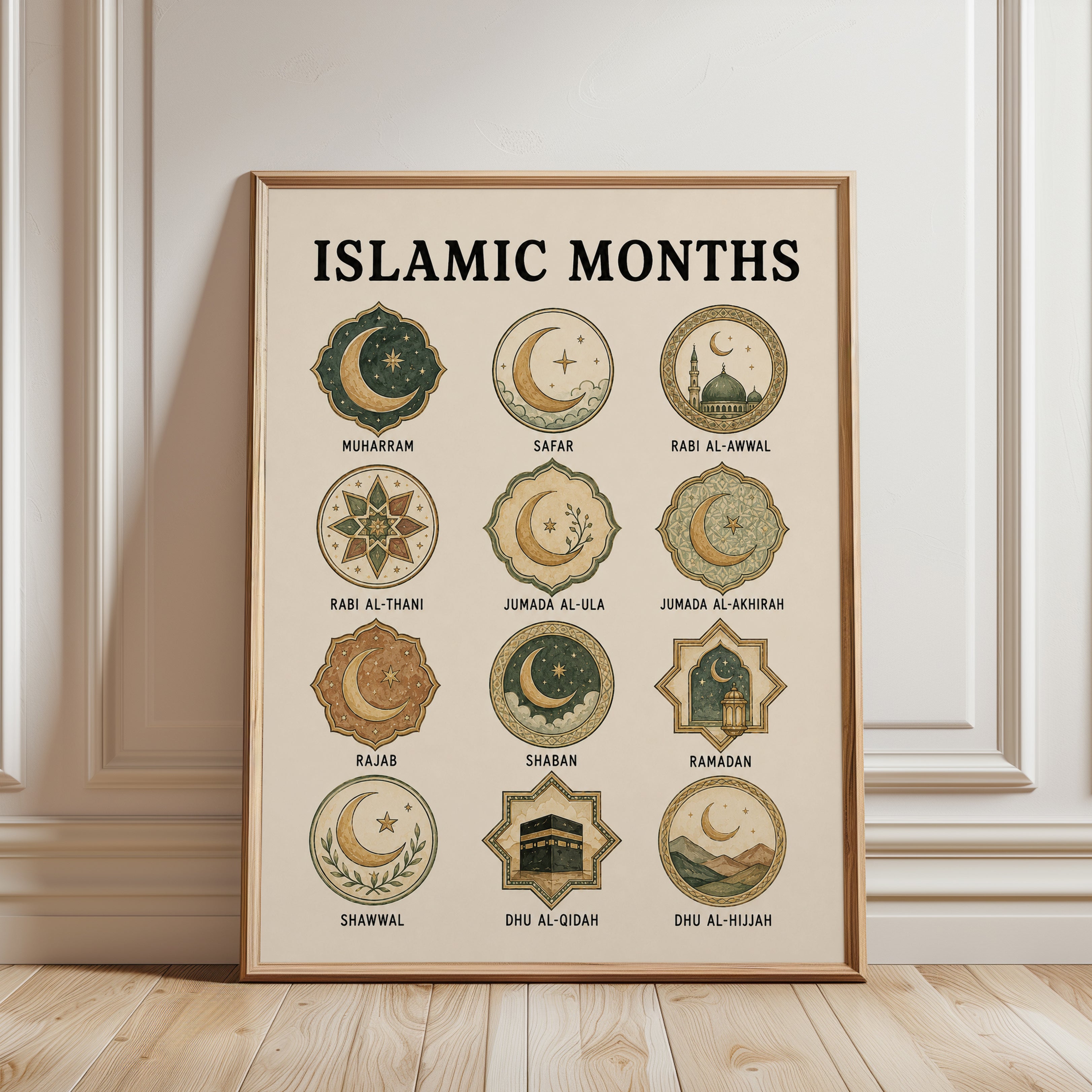 Islamic Months Chart Print: Educational Hijri Calendar Art - framed detail