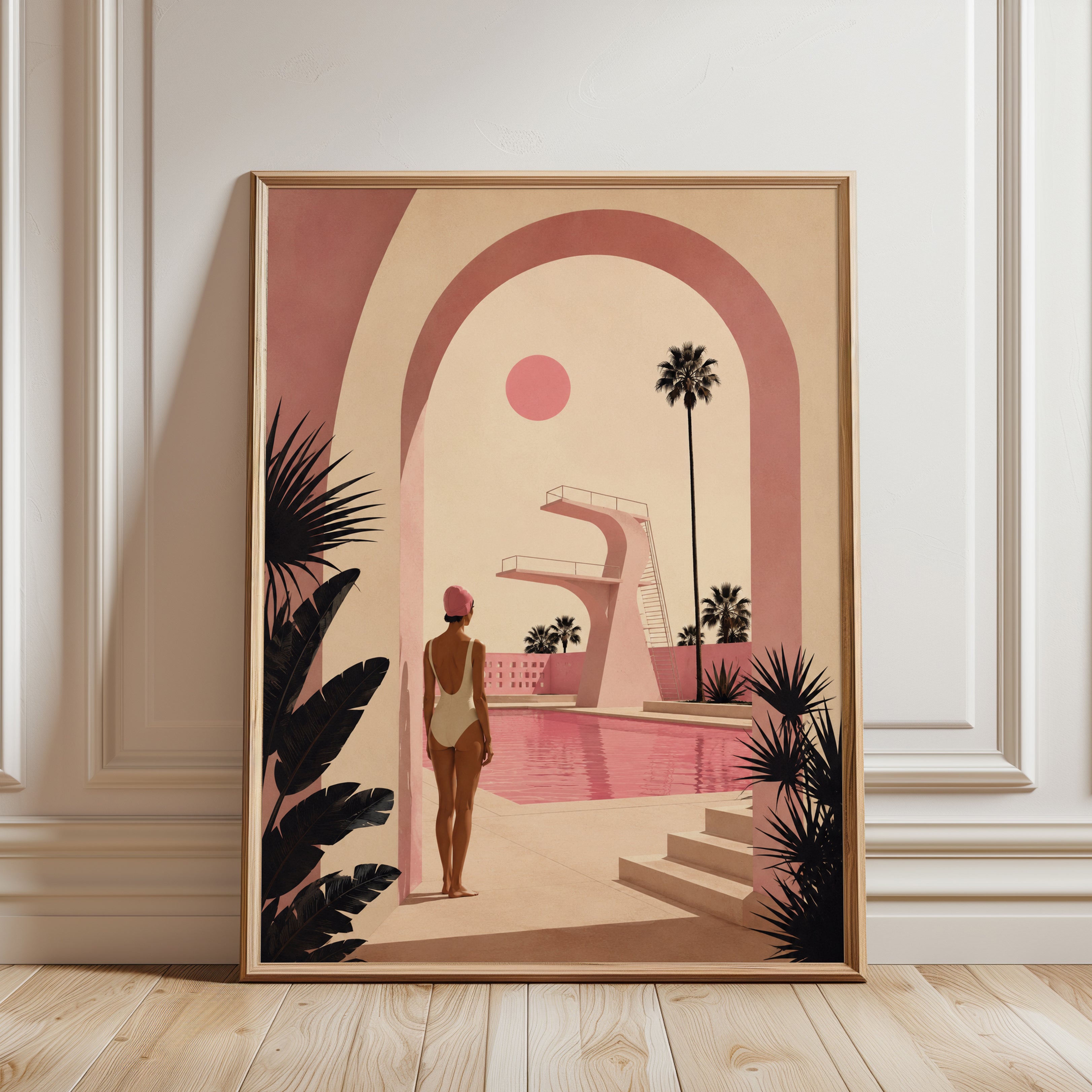 Pink Pool Paradise Art Print: Mid-Century Modern Architecture - framed detail