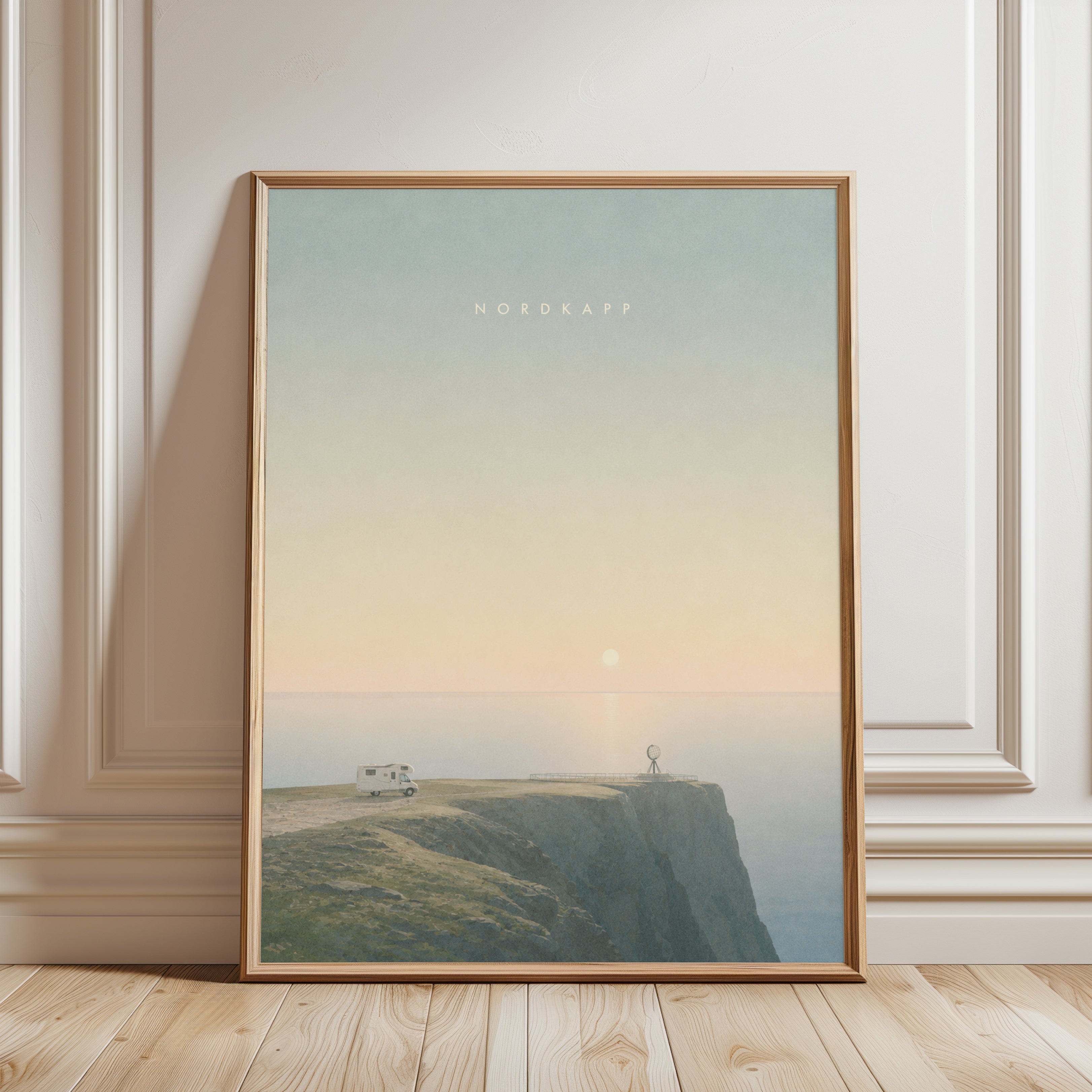 Coastal Cliff Camper Van Print: Minimalist Nordic Landscape Art - framed detail