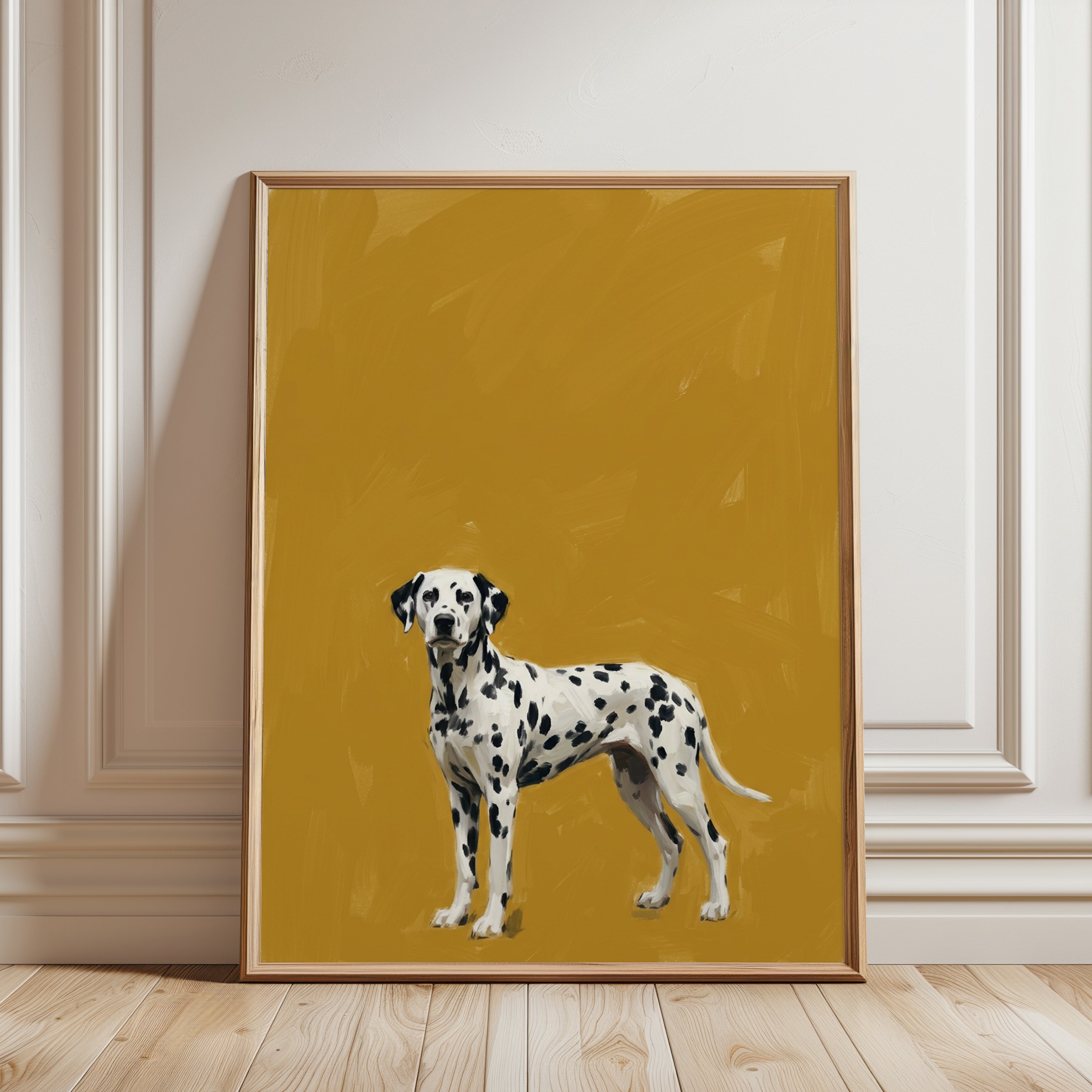 Dalmatian Dog Portrait Print — Bold Mustard Yellow Background - framed detail