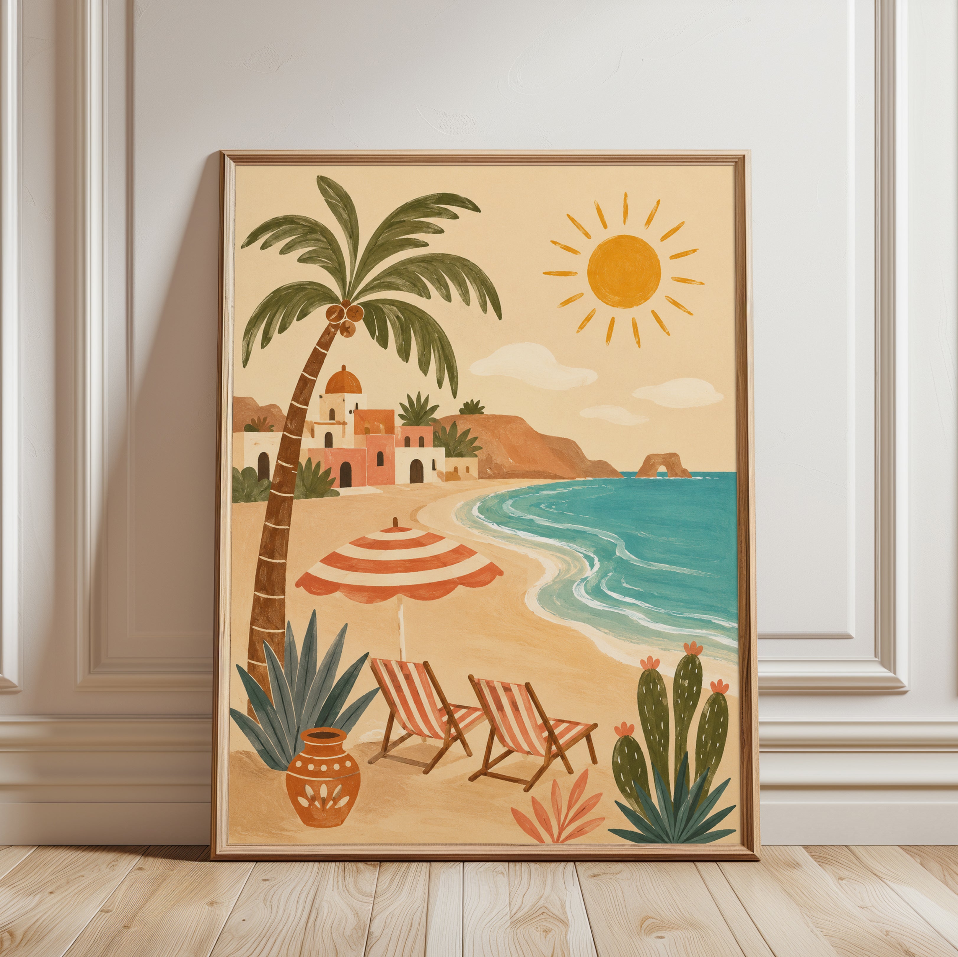 Mediterranean Beach Poster – Coastal Wall Art - framed detail