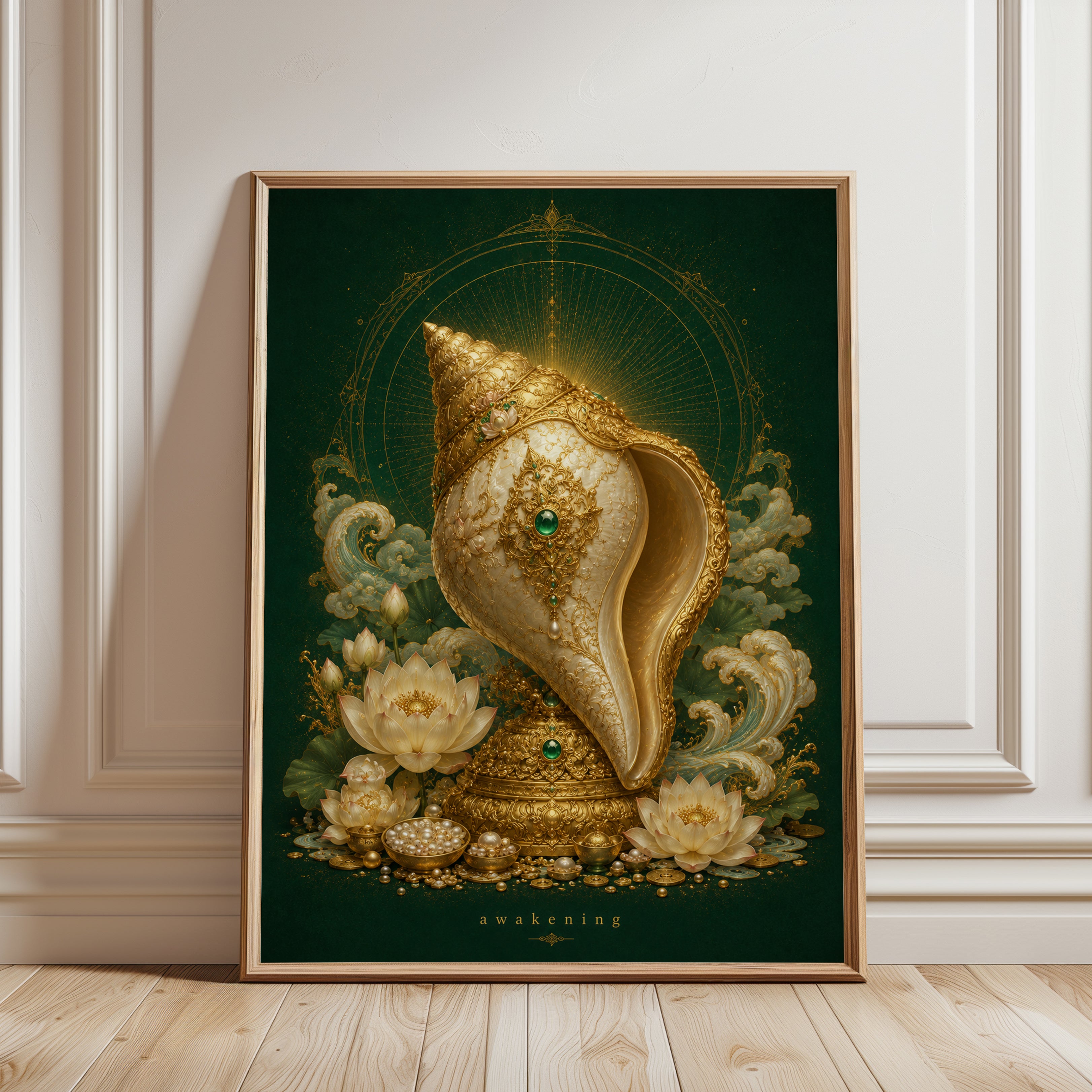 Lotus Flower Wall Art – Gold Conch Shell Print - framed detail
