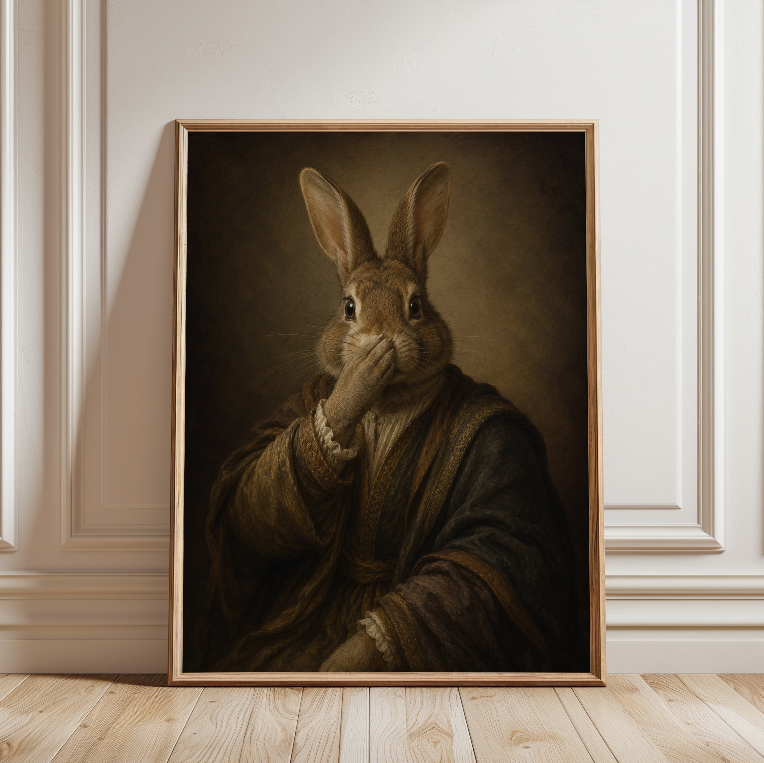 Funny Bathroom Poster Rabbit Wall Art: Classical Renaissance Style - framed detail