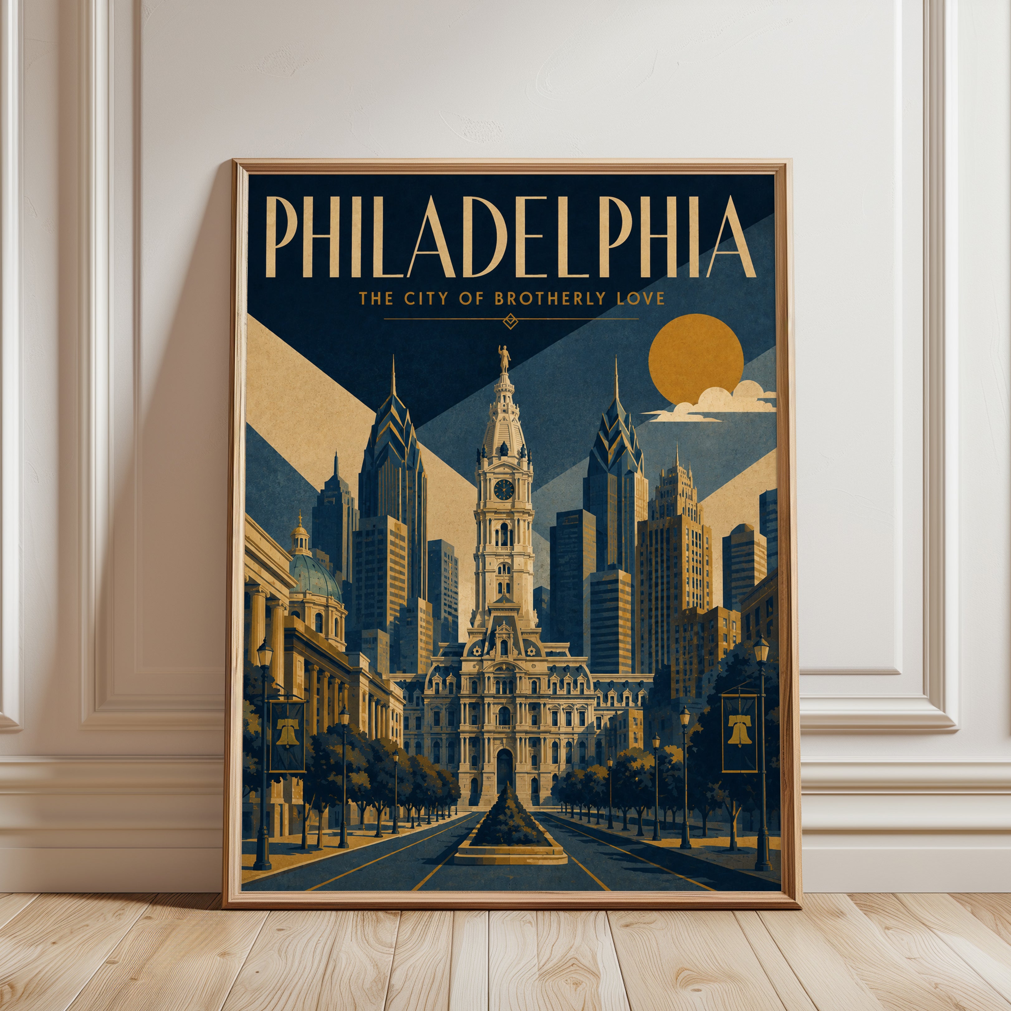 Philadelphia Skyline Art Print: Vintage Travel Poster Style - framed detail