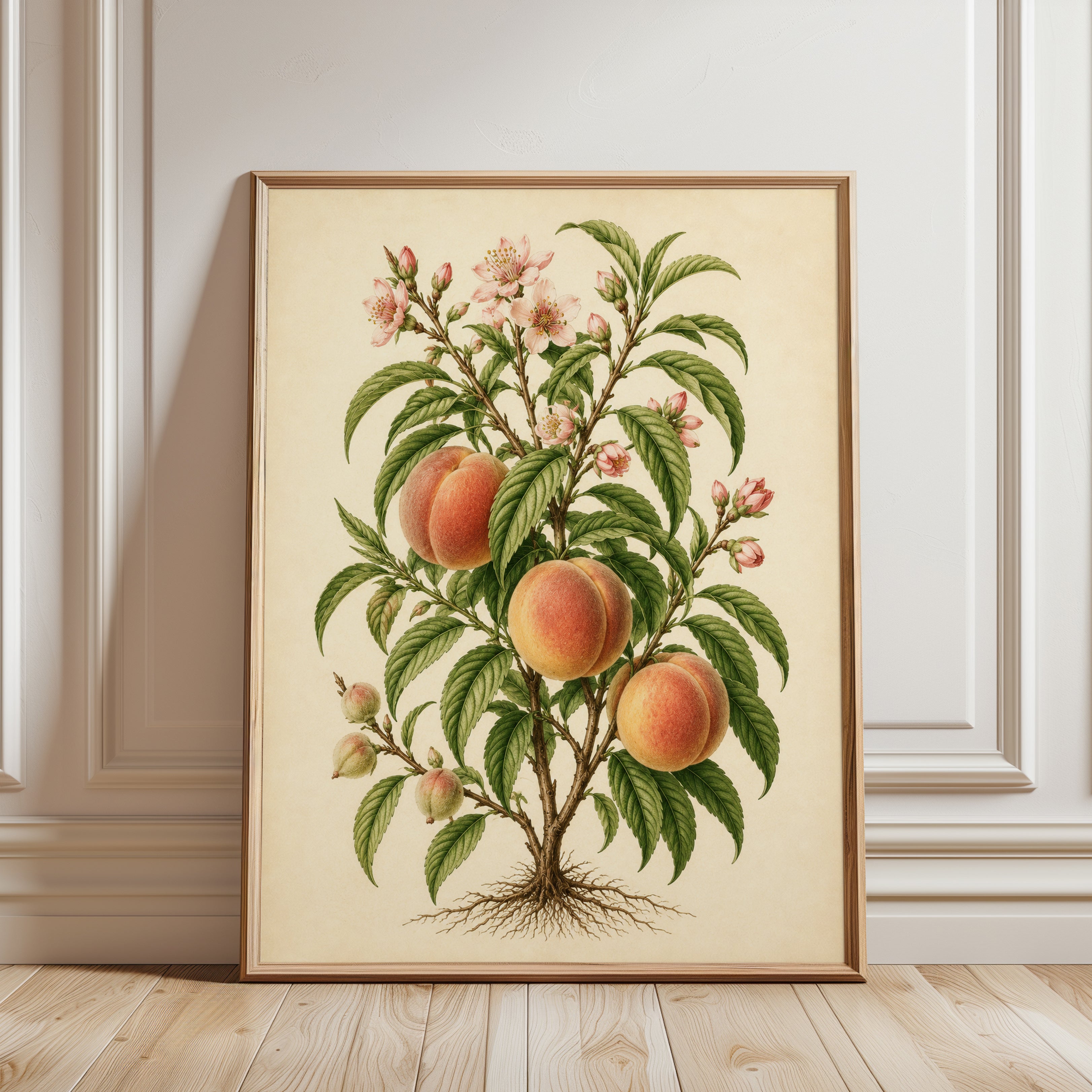 Vintage Peach Botanical Print — Hand-Painted Fruit Tree Illustration - framed detail