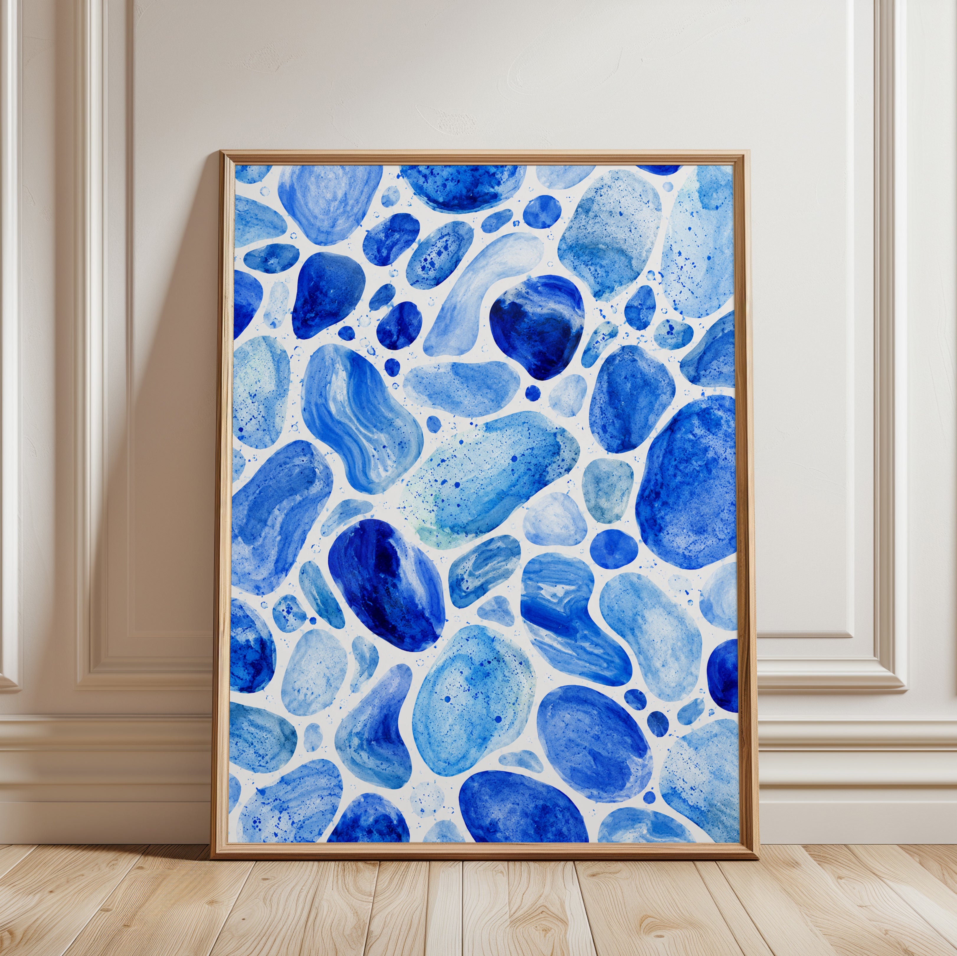 Blue Abstract Pebbles Print – Organic Stone Art - framed detail