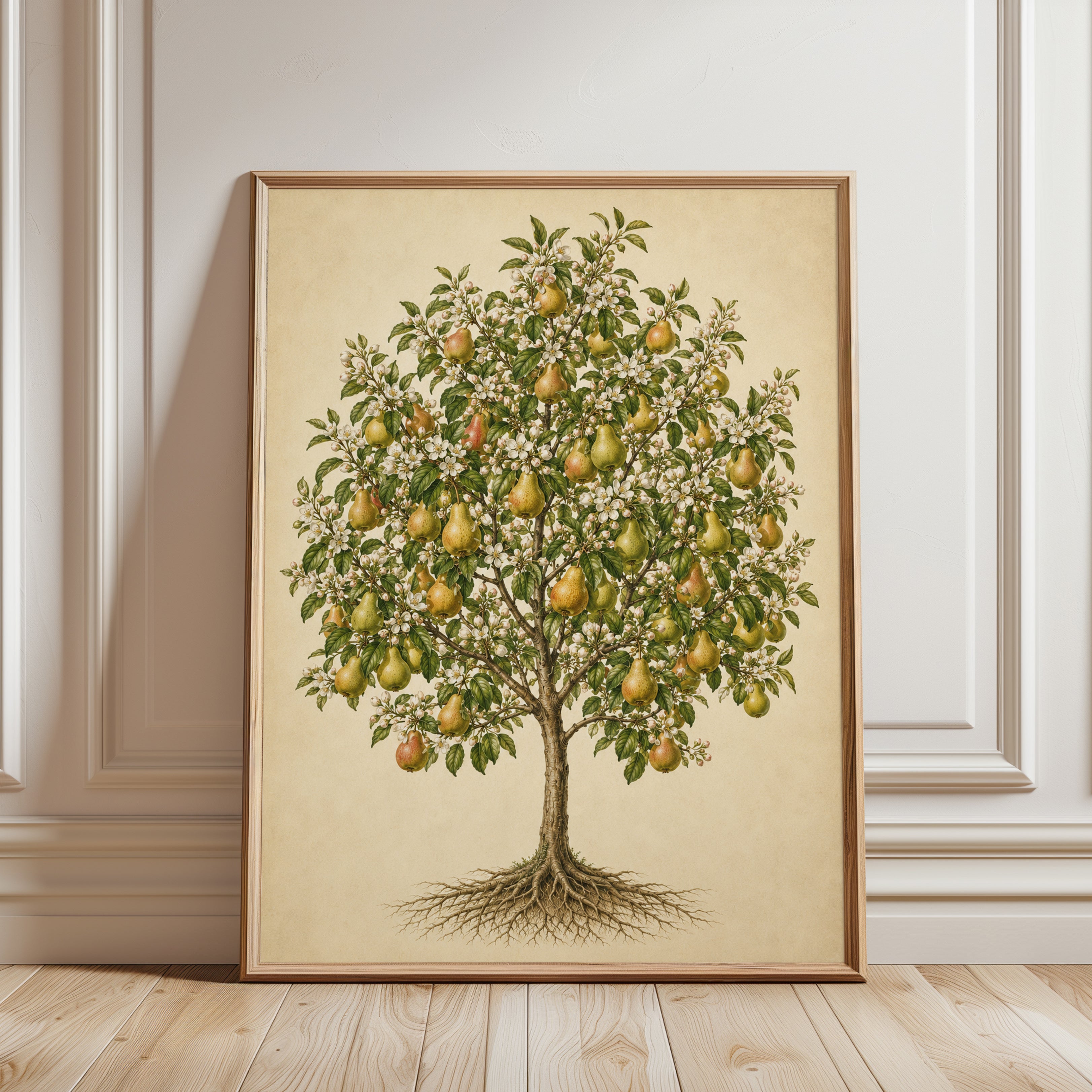 Pear Tree Botanical Art Print: Vintage Fruit Illustration - framed detail