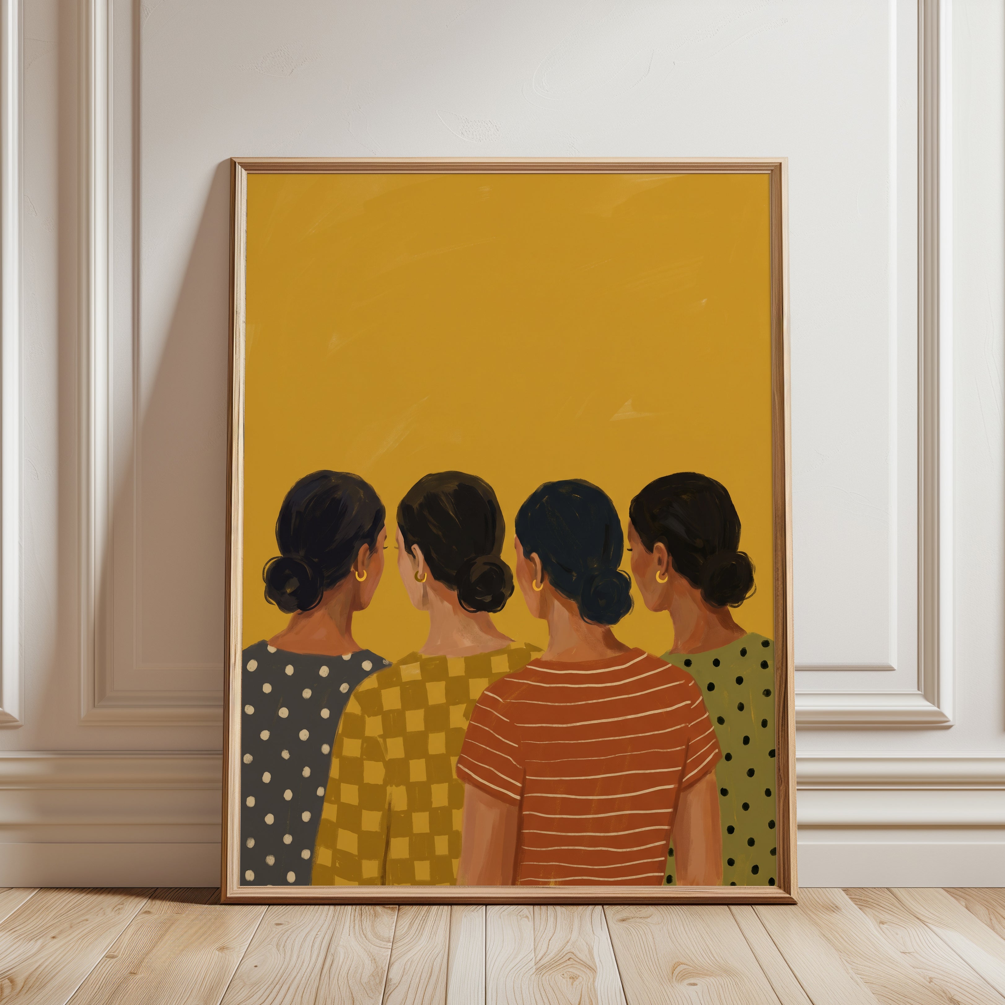 Figurative Women Portrait Print — Four Women in Patterned Tops - framed detail