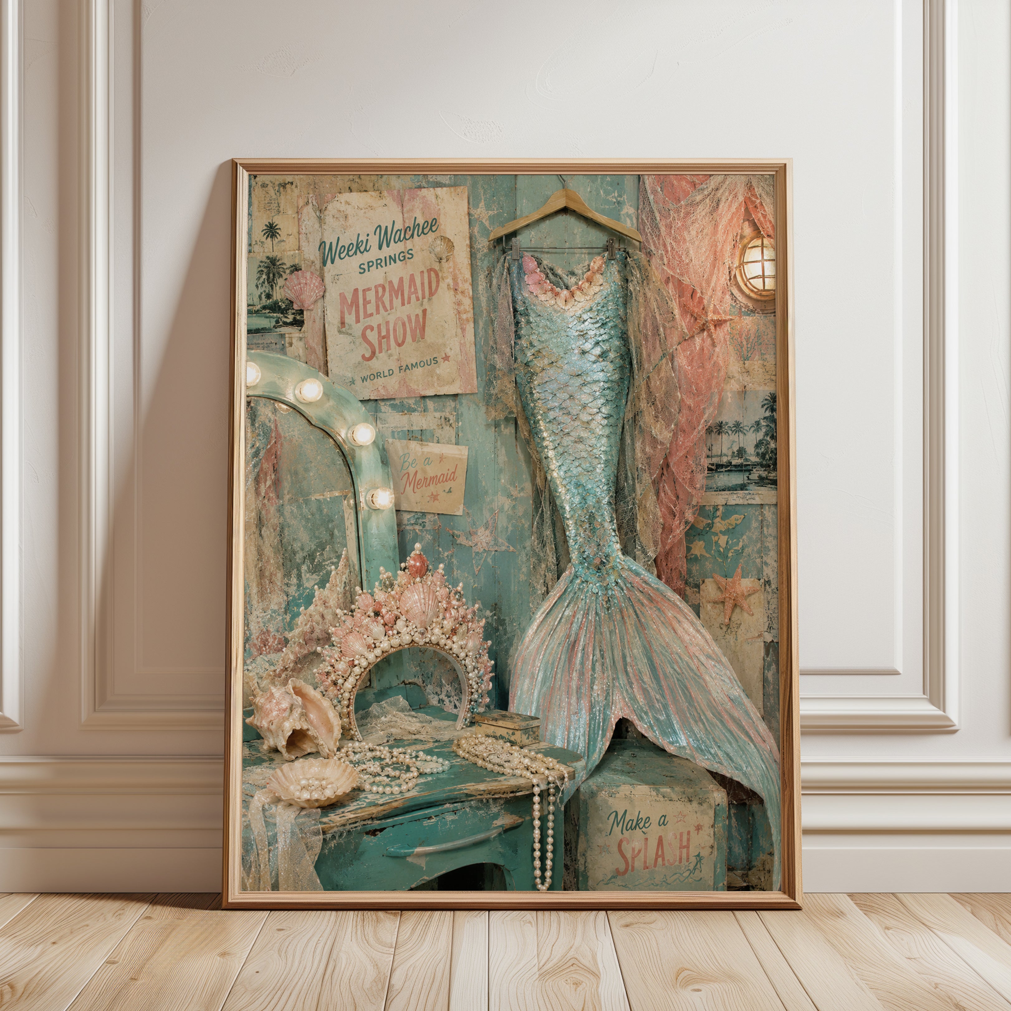 Vintage Mermaid Poster – Coastal Wall Art - framed detail