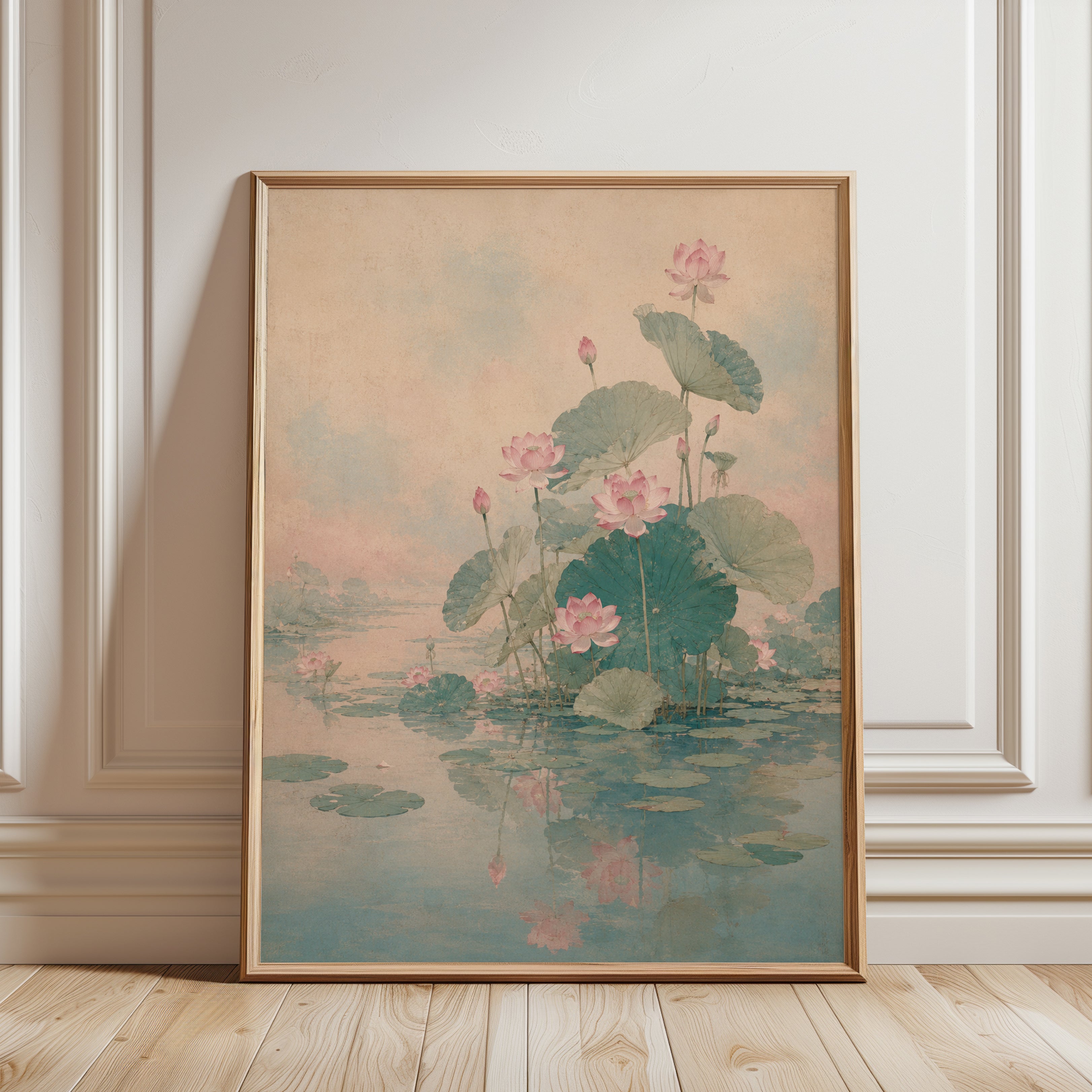 Lotus Pond Wall Art: Soft Pink Blooms and Green Leaves - framed detail