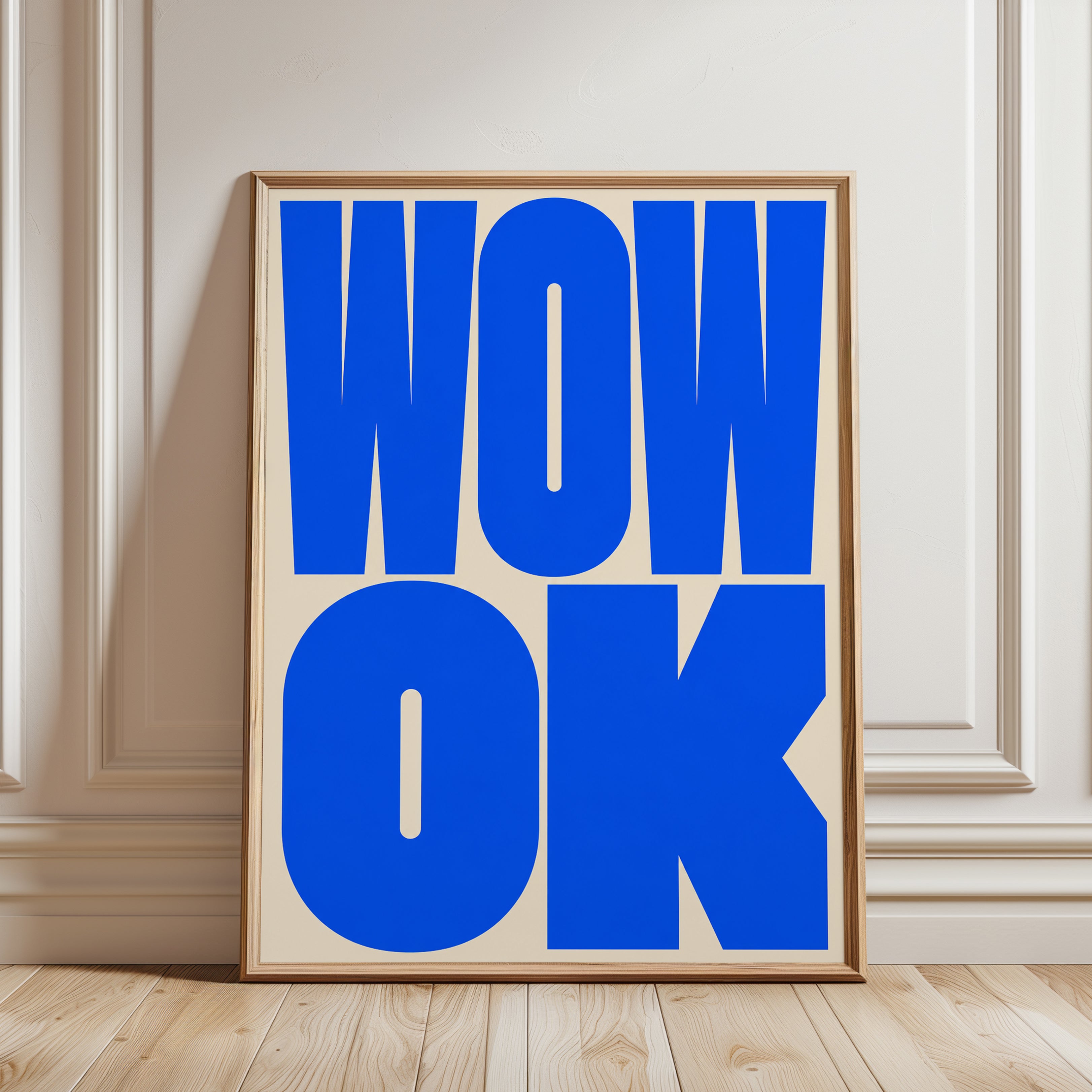 WOW OK Typography Print — Bold Blue Lettering - framed detail