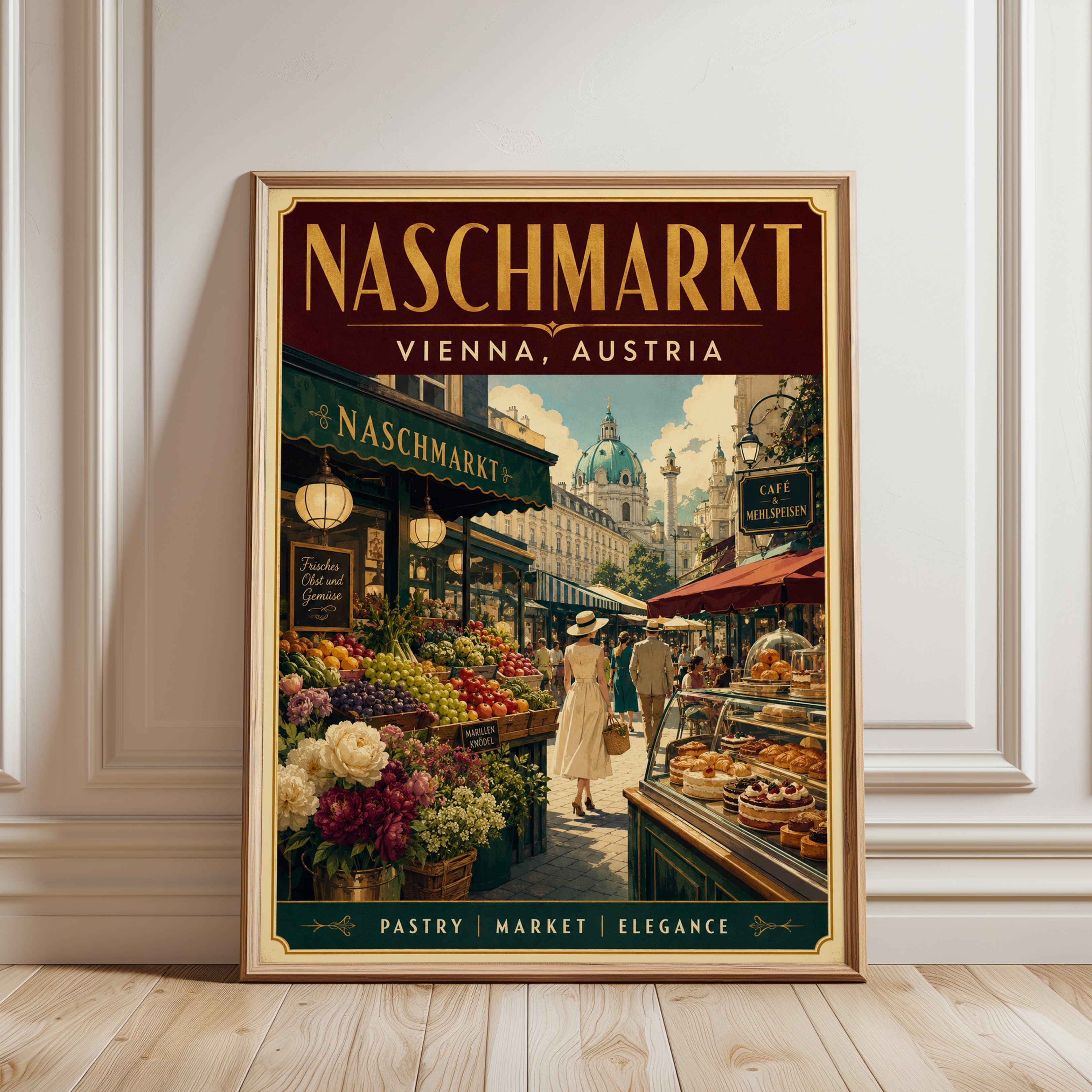 Naschmarkt Vienna Market Poster: Vintage Travel Art Print - framed detail