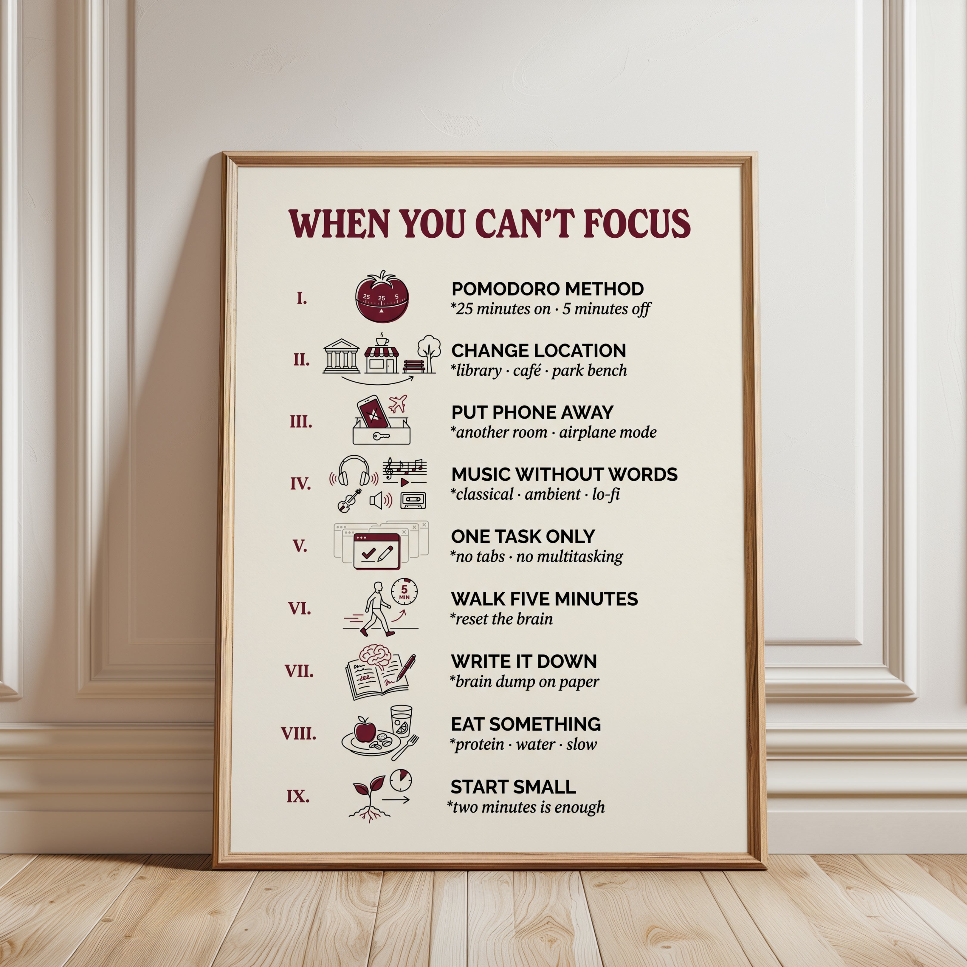Pomodoro Method Focus Poster - framed detail