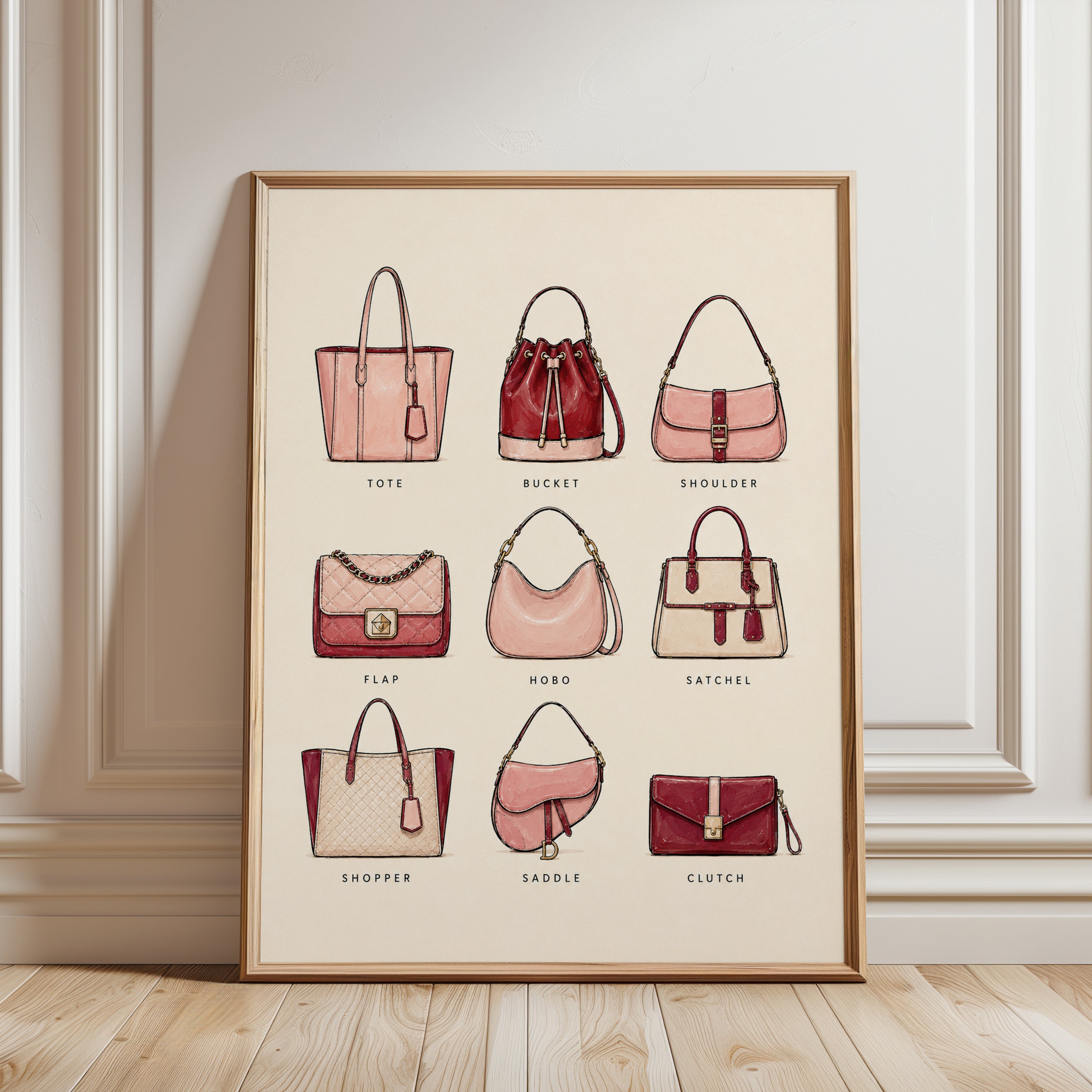 Designer Handbag Collection Print: Fashion Illustration Wall Art - framed detail