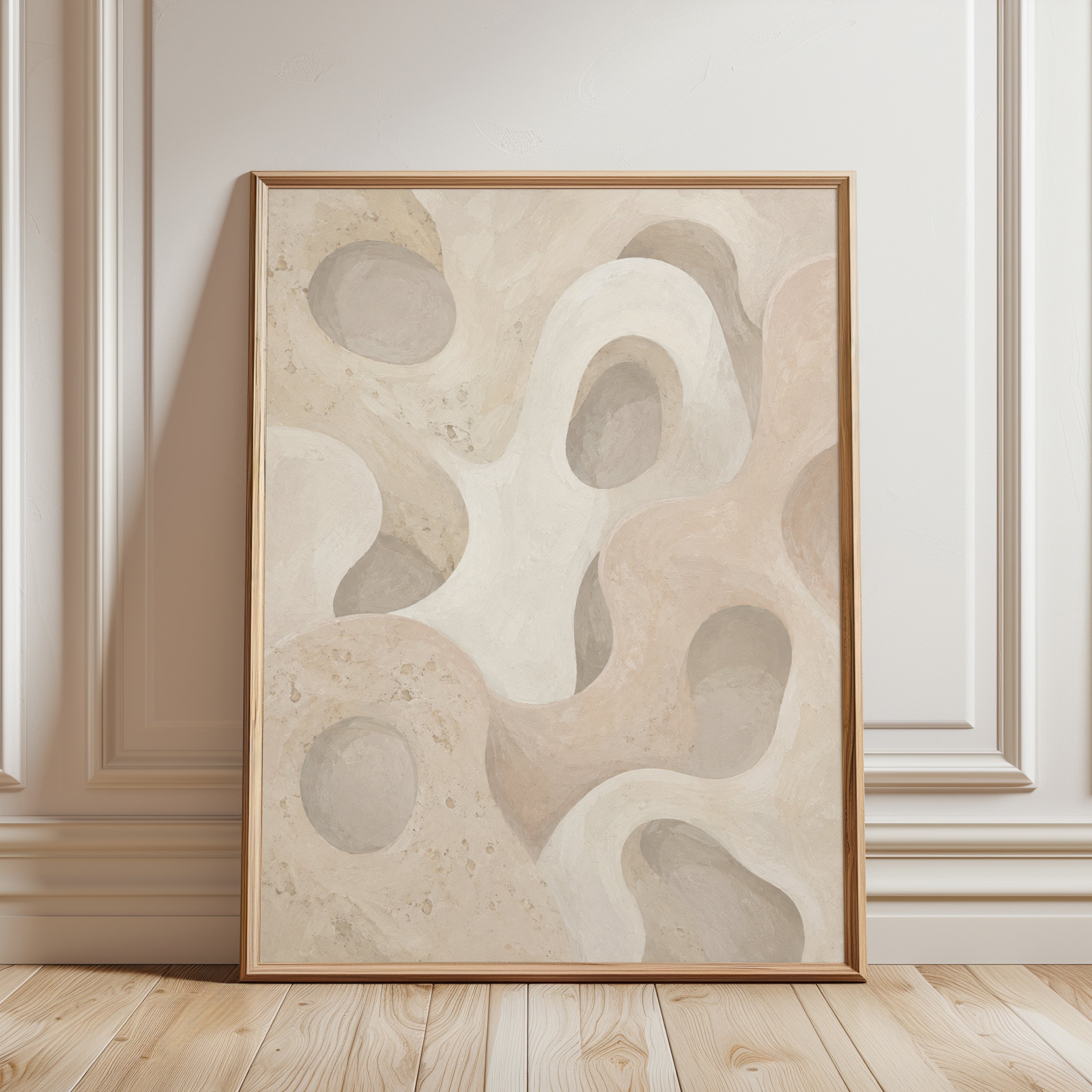 Abstract Organic Shapes Wall Art: Neutral Beige and Grey Tones - framed detail