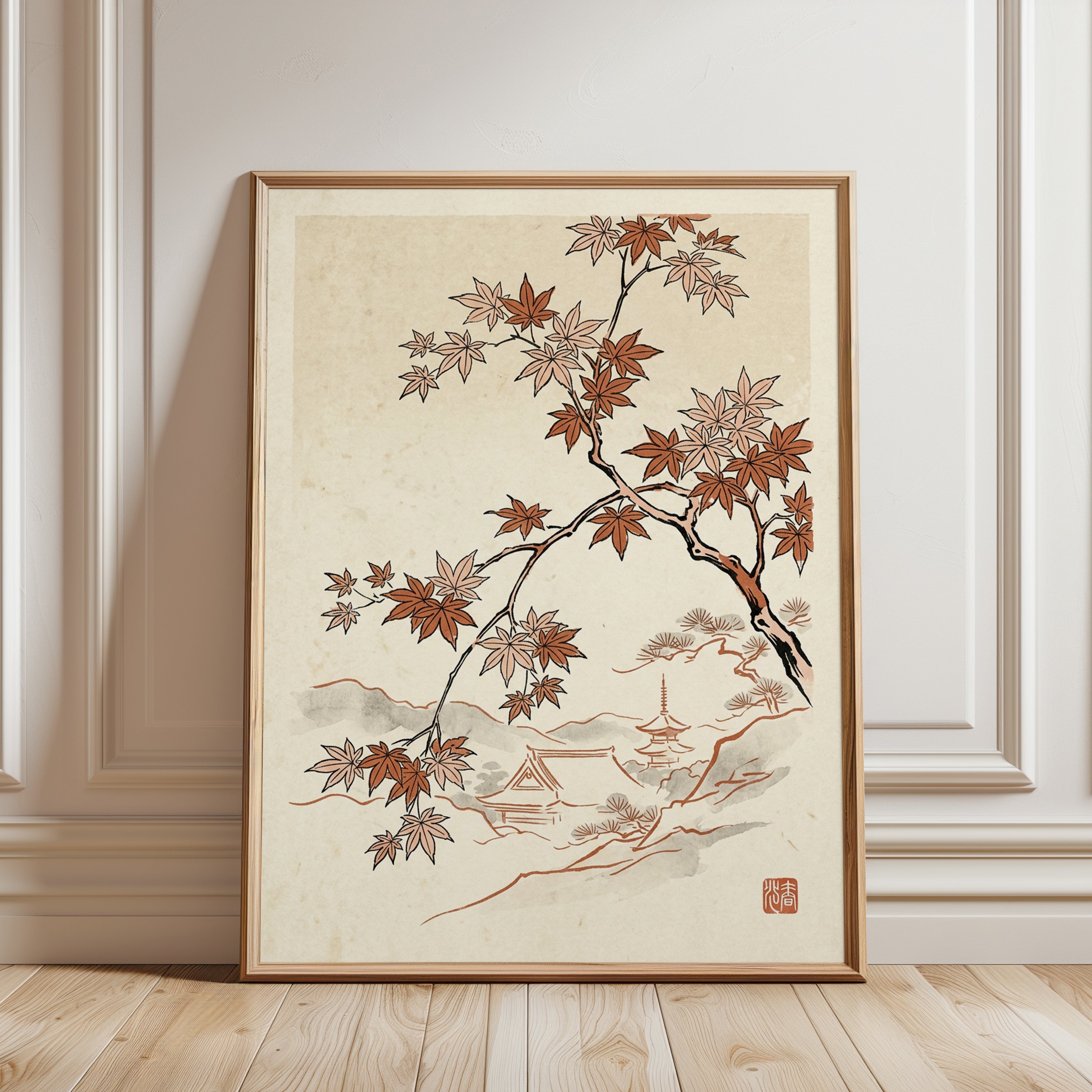 Japanese Maple Branches Art Print: Traditional Asian Landscape - framed detail