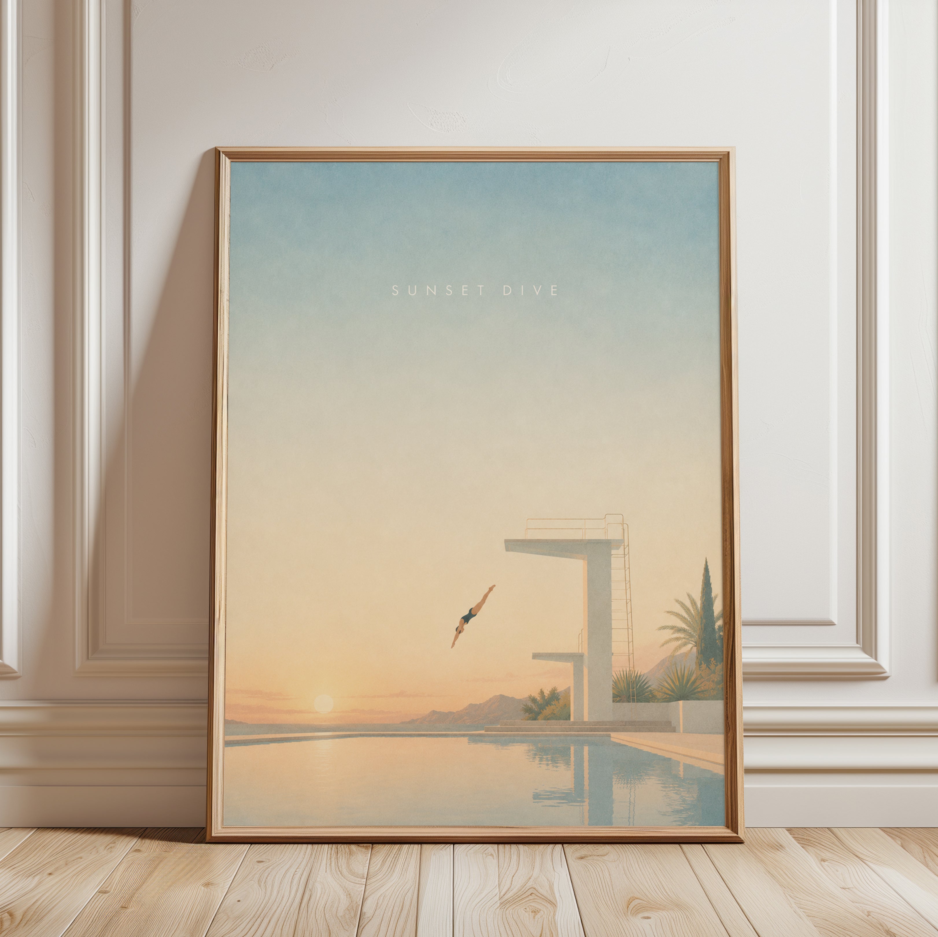 Sunset Pool Wall Art – Minimalist Diving Print - framed detail