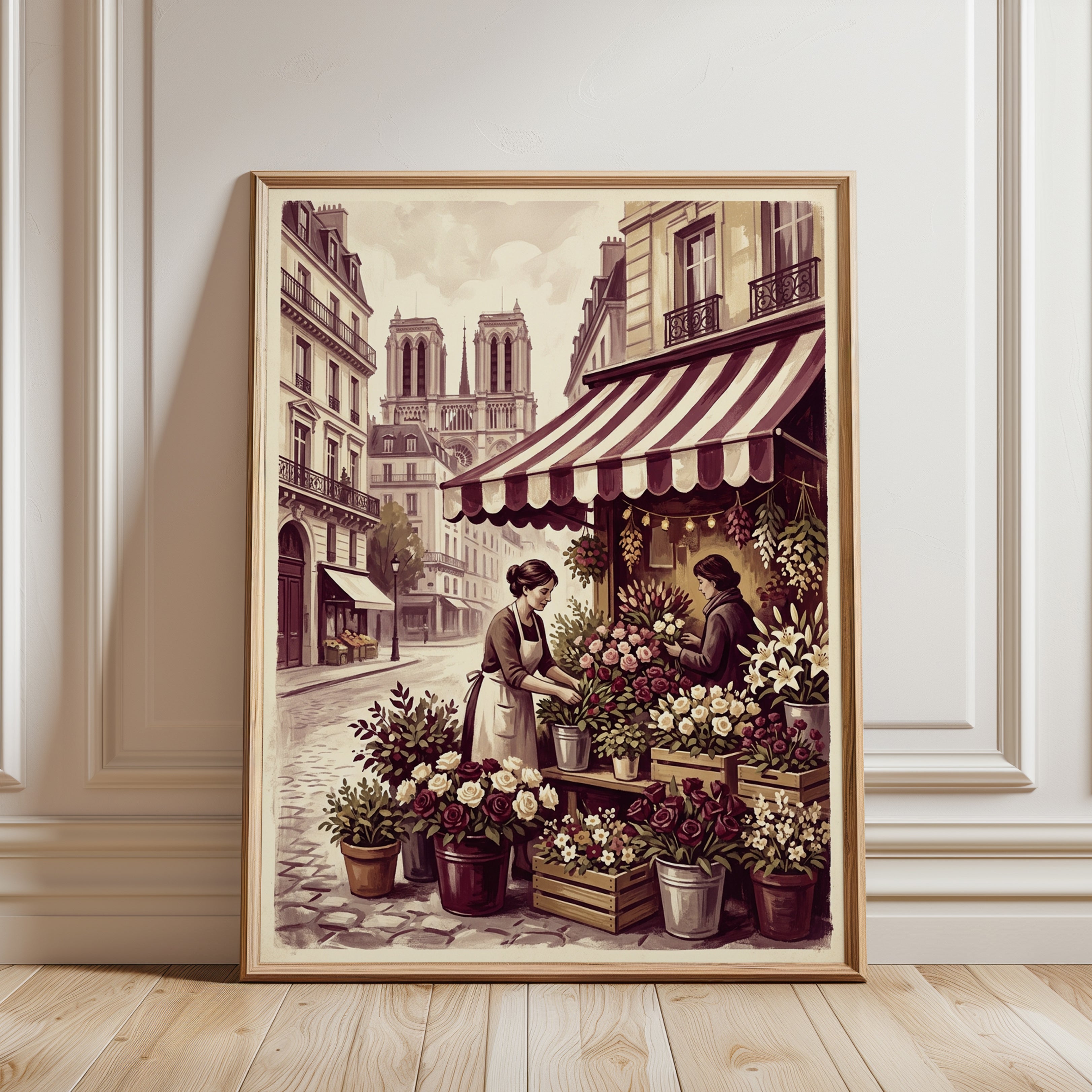 Parisian Flower Market Art Print: Vintage Paris Street Scene - framed detail