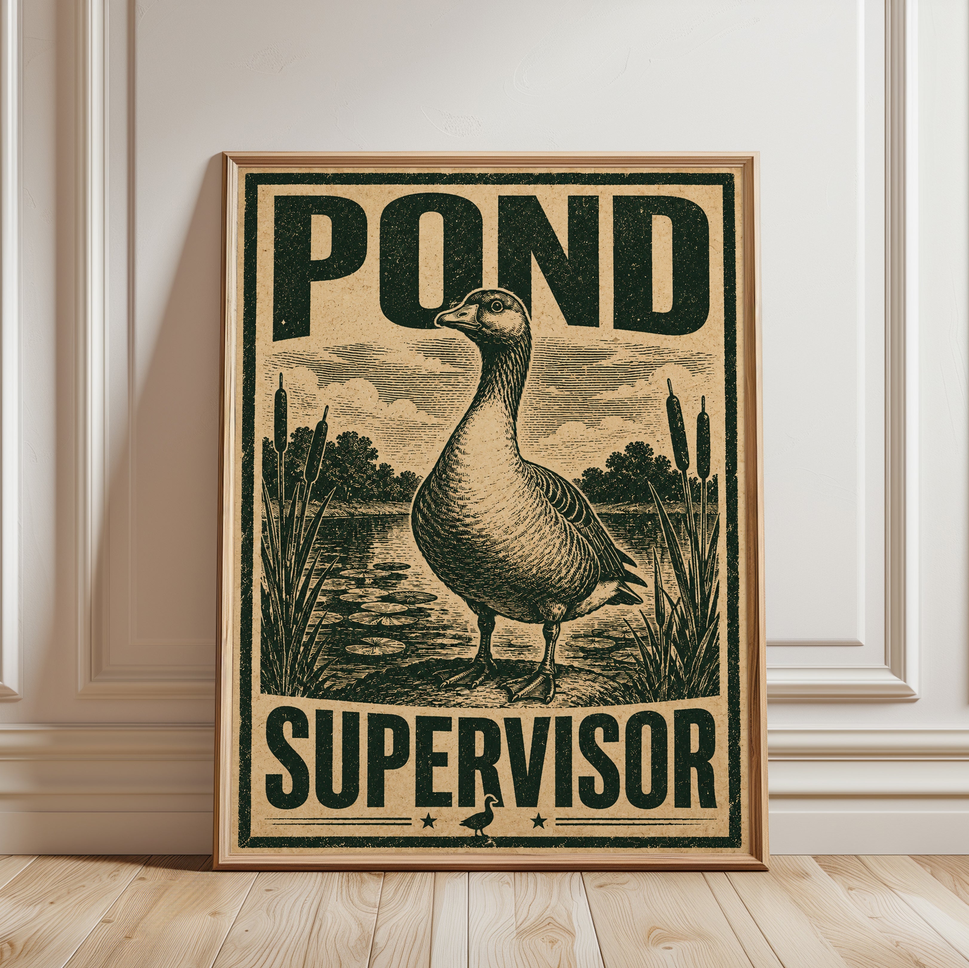 Pond Supervisor Goose Print: Vintage Woodcut Style Poster - framed detail