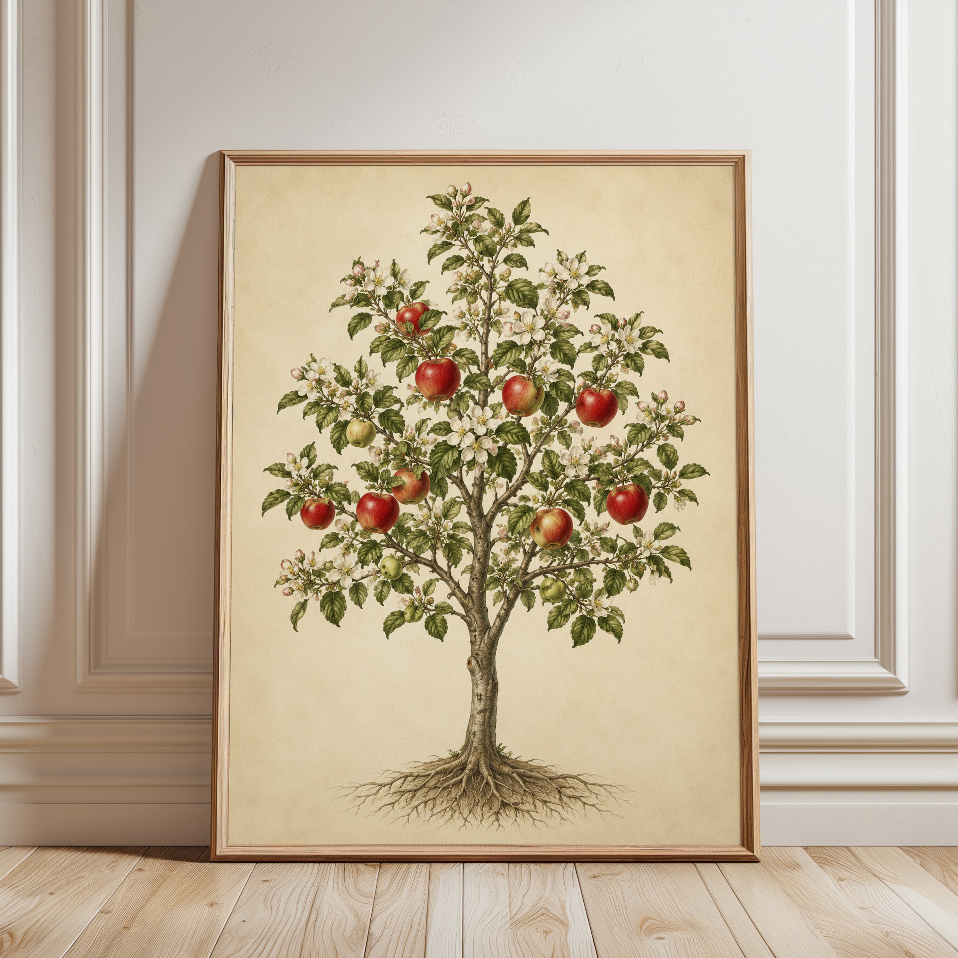 Apple Tree Botanical Print: Vintage Orchard Art With Blossoms - framed detail