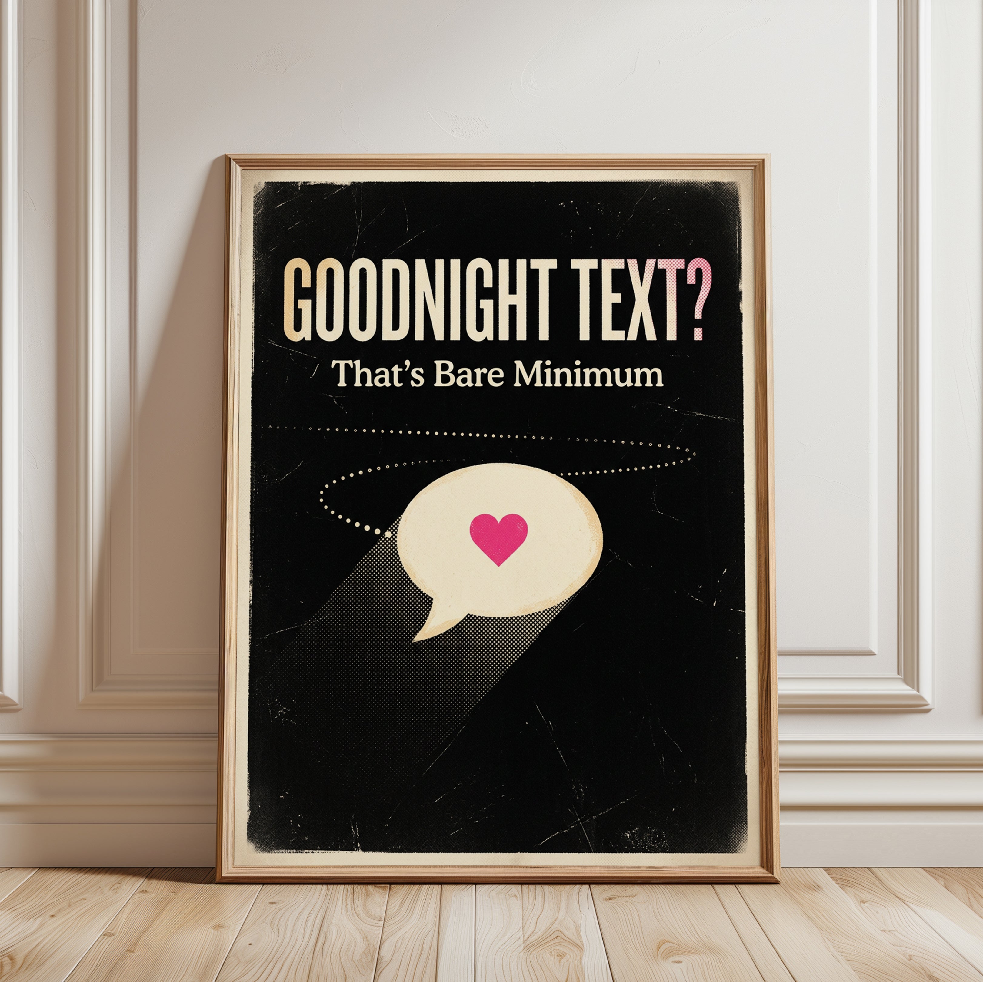 Goodnight Text Poster: Retro Typography Art with Heart Speech Bubble - framed detail