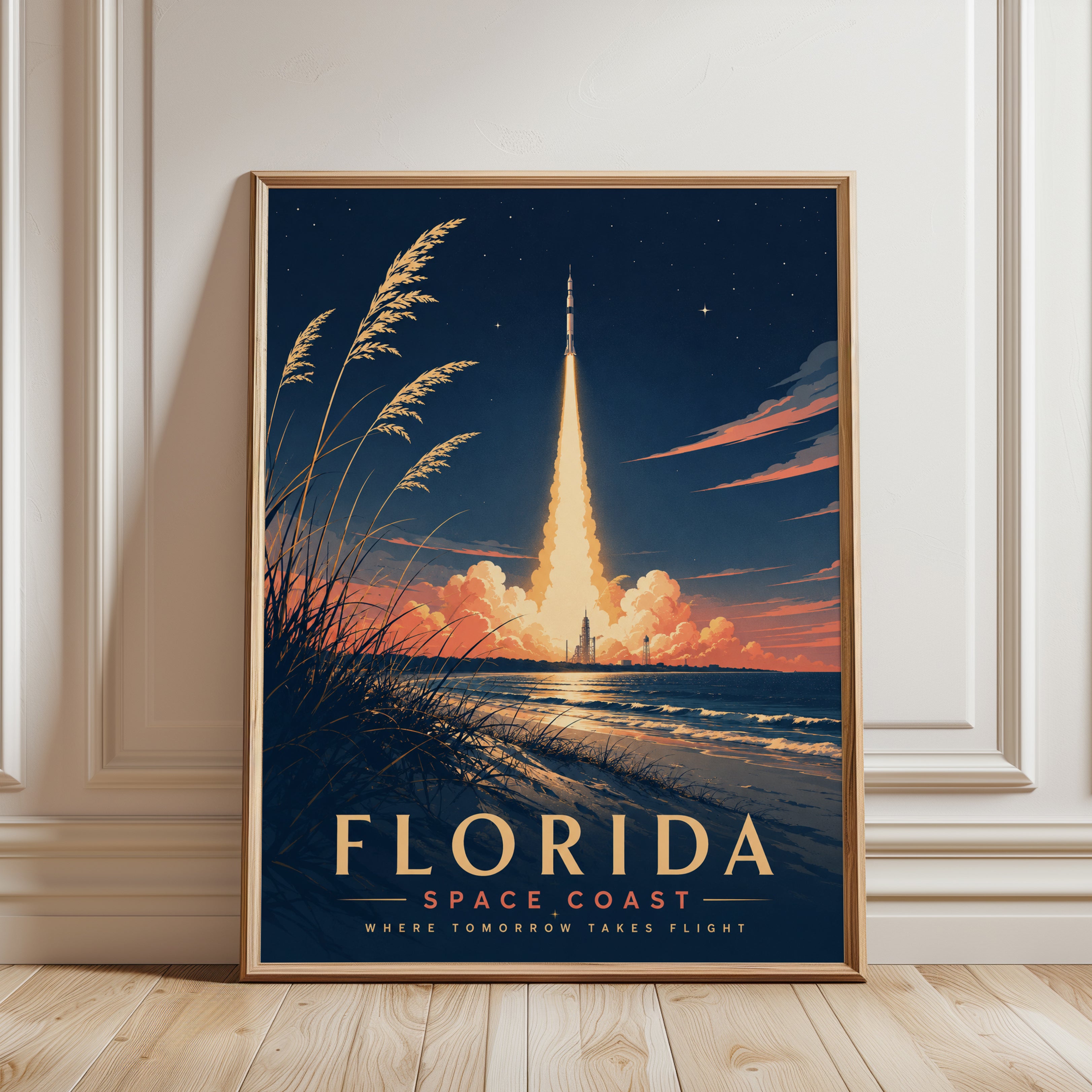 Florida Travel Poster – Space Coast Rocket Print - framed detail