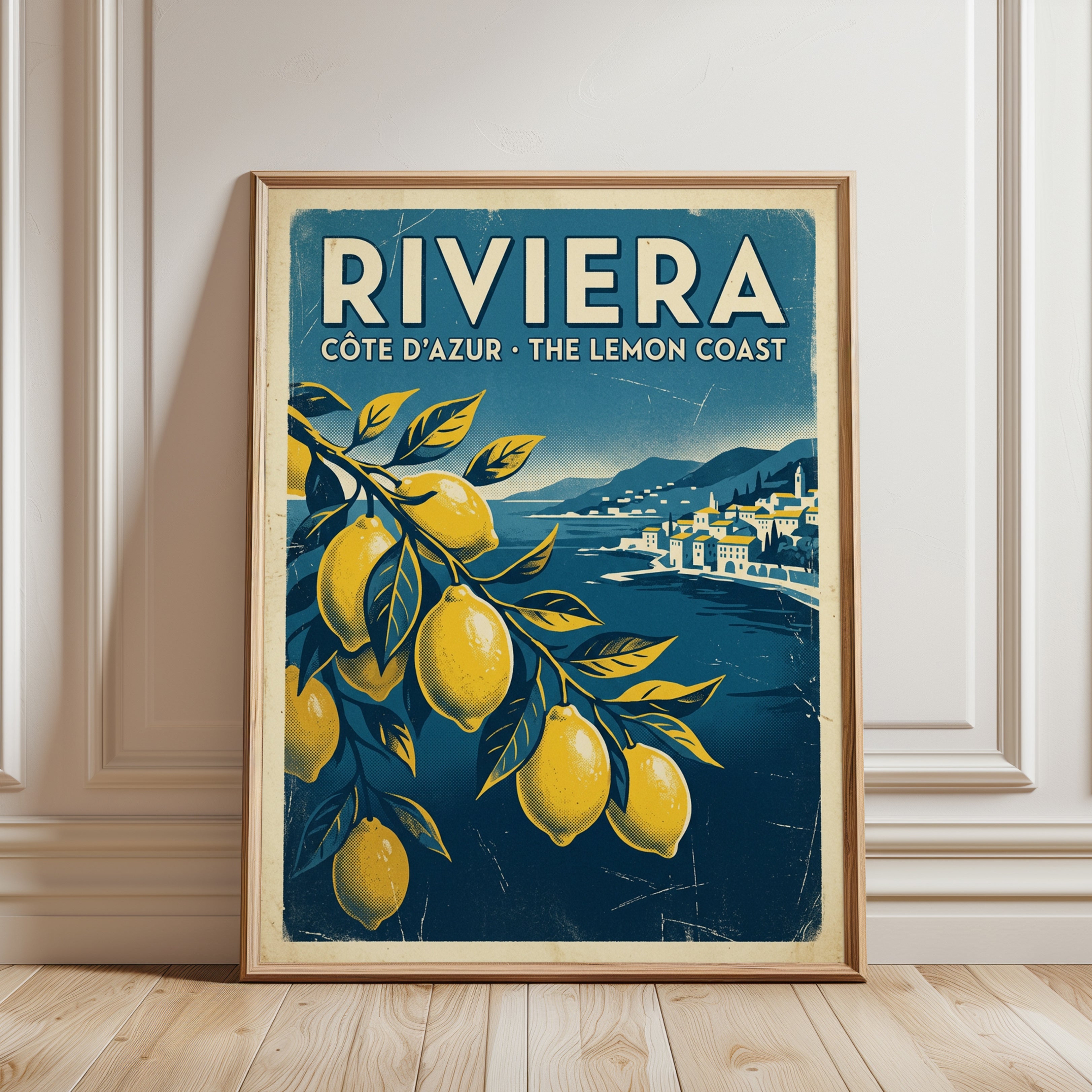 Riviera Travel Poster – French Côte d'Azur Lemon Coast Retro Wall - framed detail