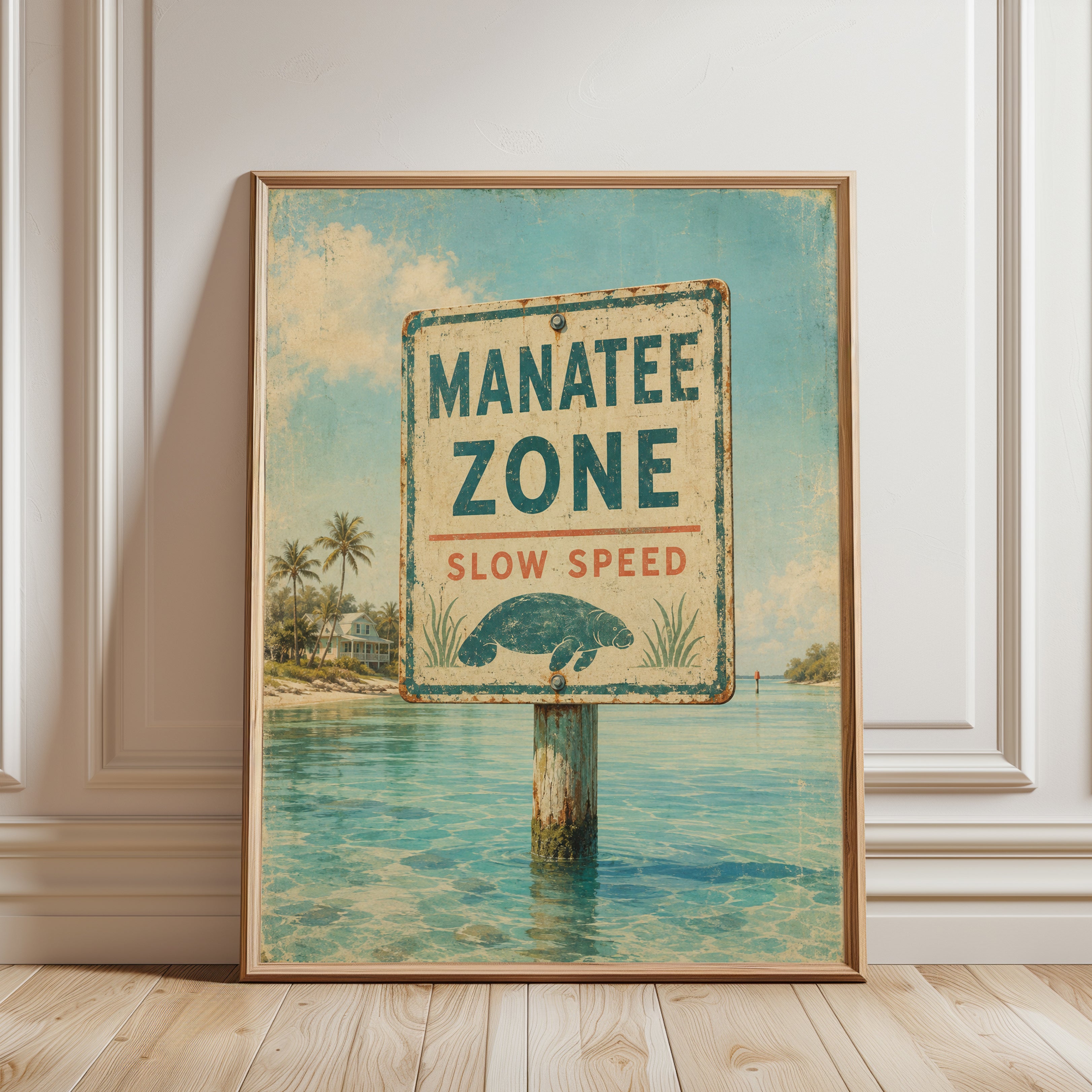 Manatee Wall Art – Vintage Coastal Print - framed detail