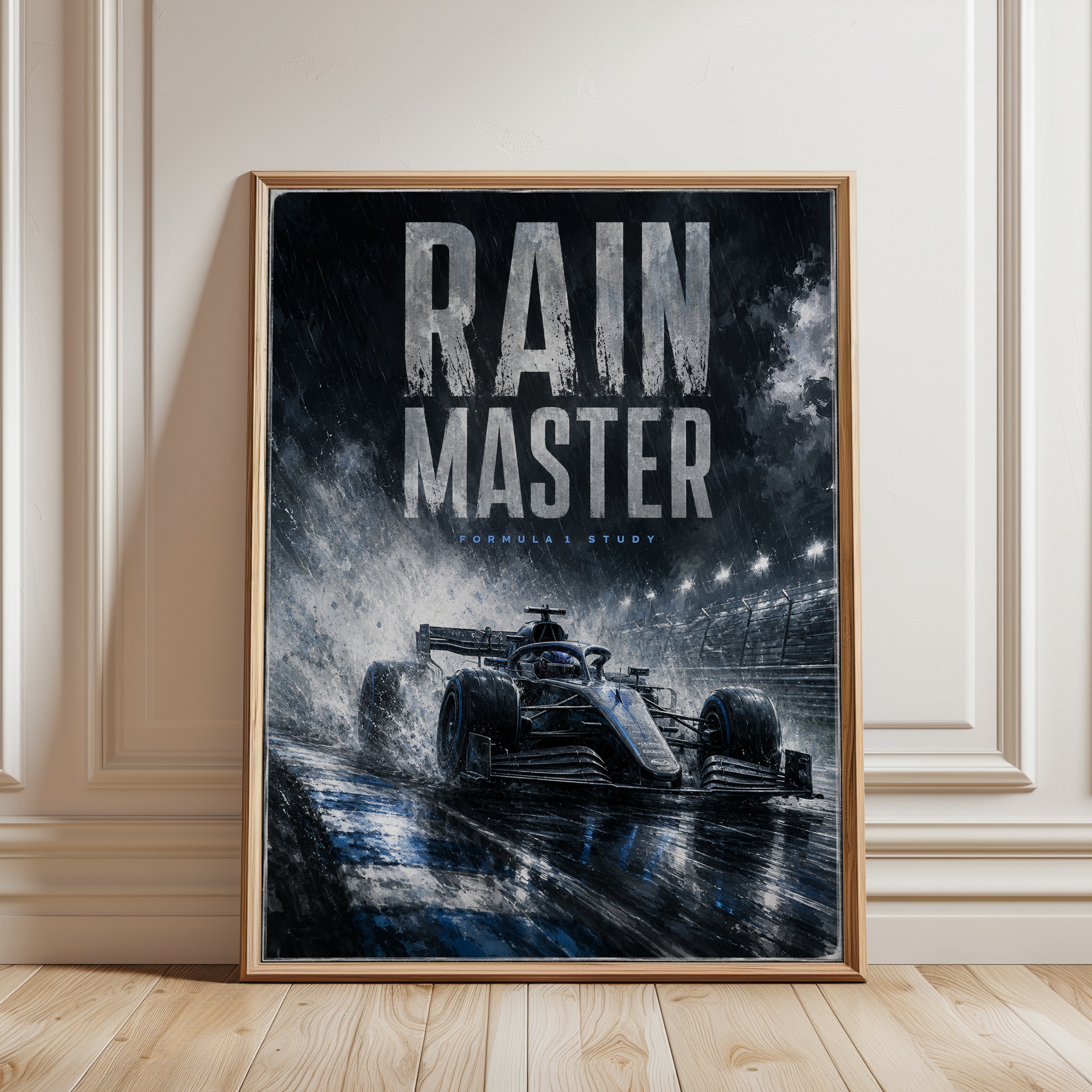 Formula 1 Rain Racing Poster: Dark Blue Motorsport Wall Art - framed detail