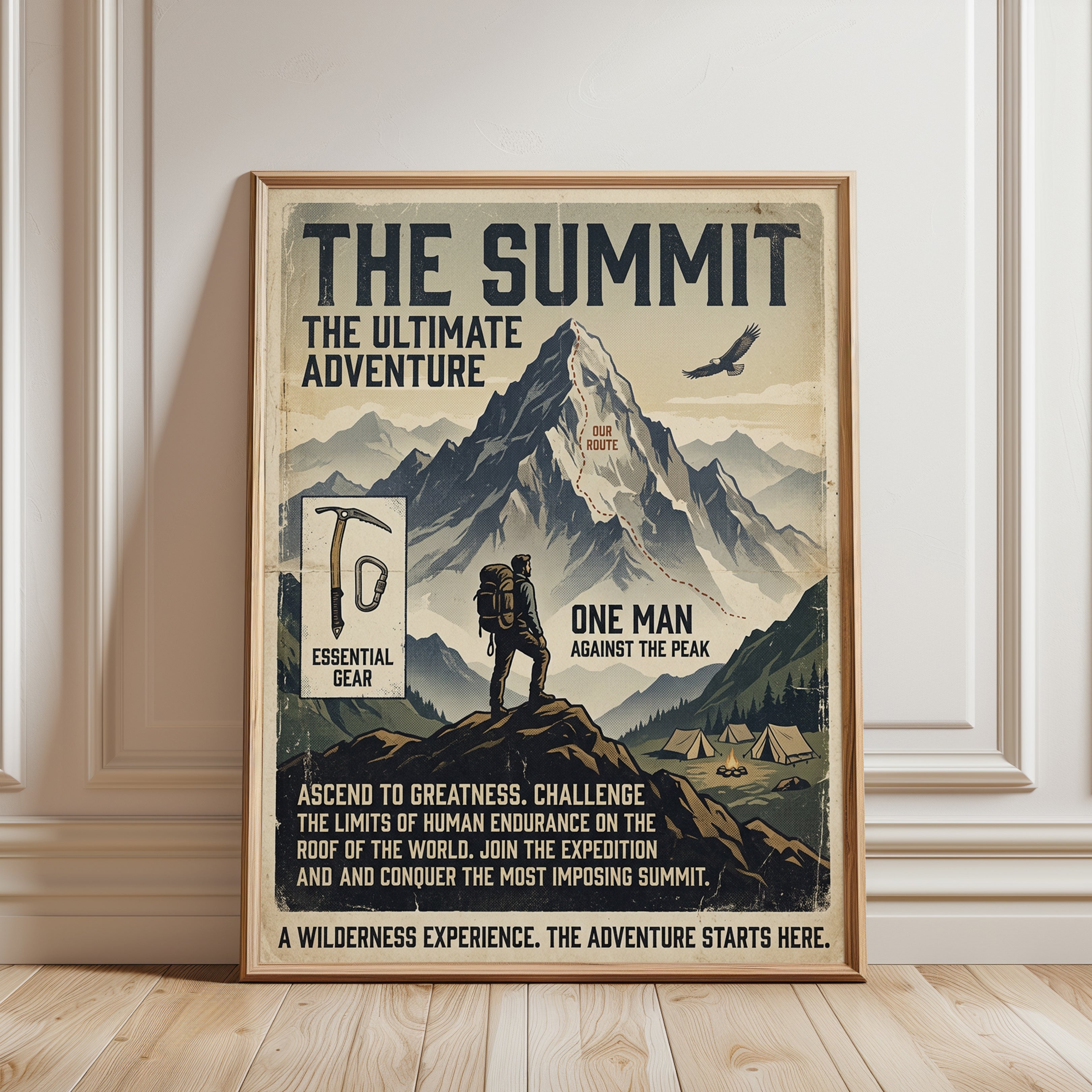 Vintage Mountain Climbing Poster Print — Retro Adventure Summit Art - framed detail