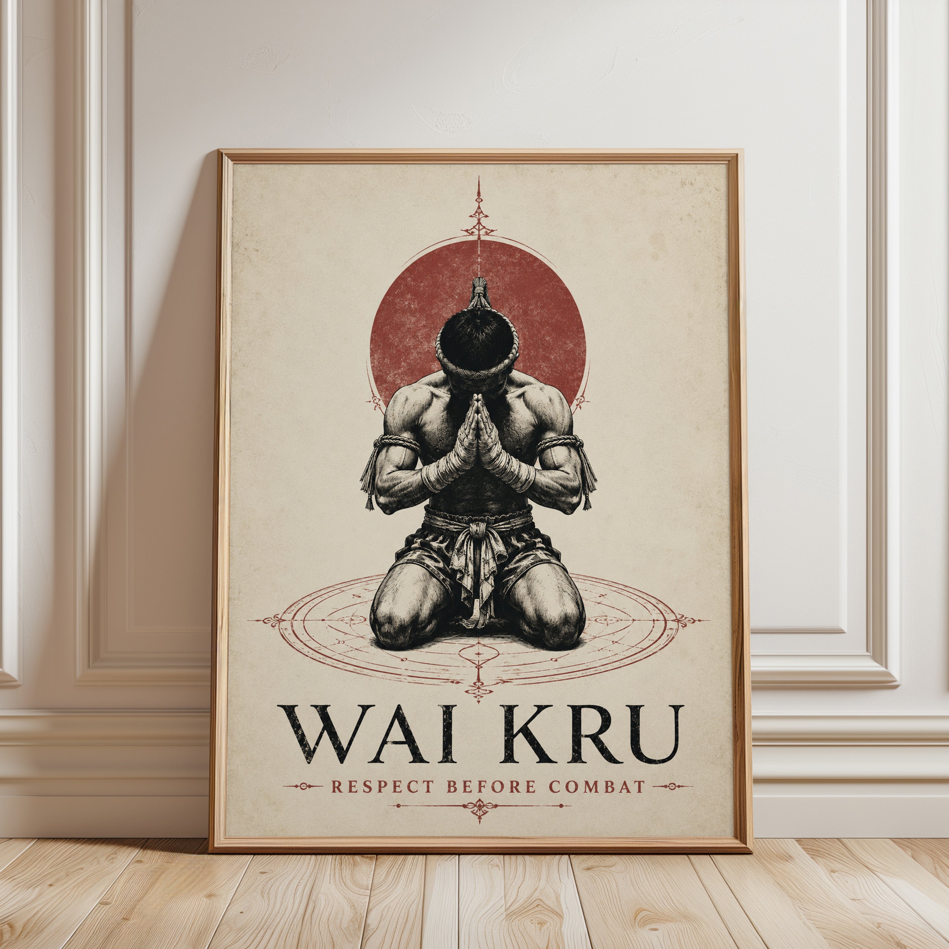 Muay Thai Fighter Wall Art: Vintage Red Circle Prayer Poster - framed detail