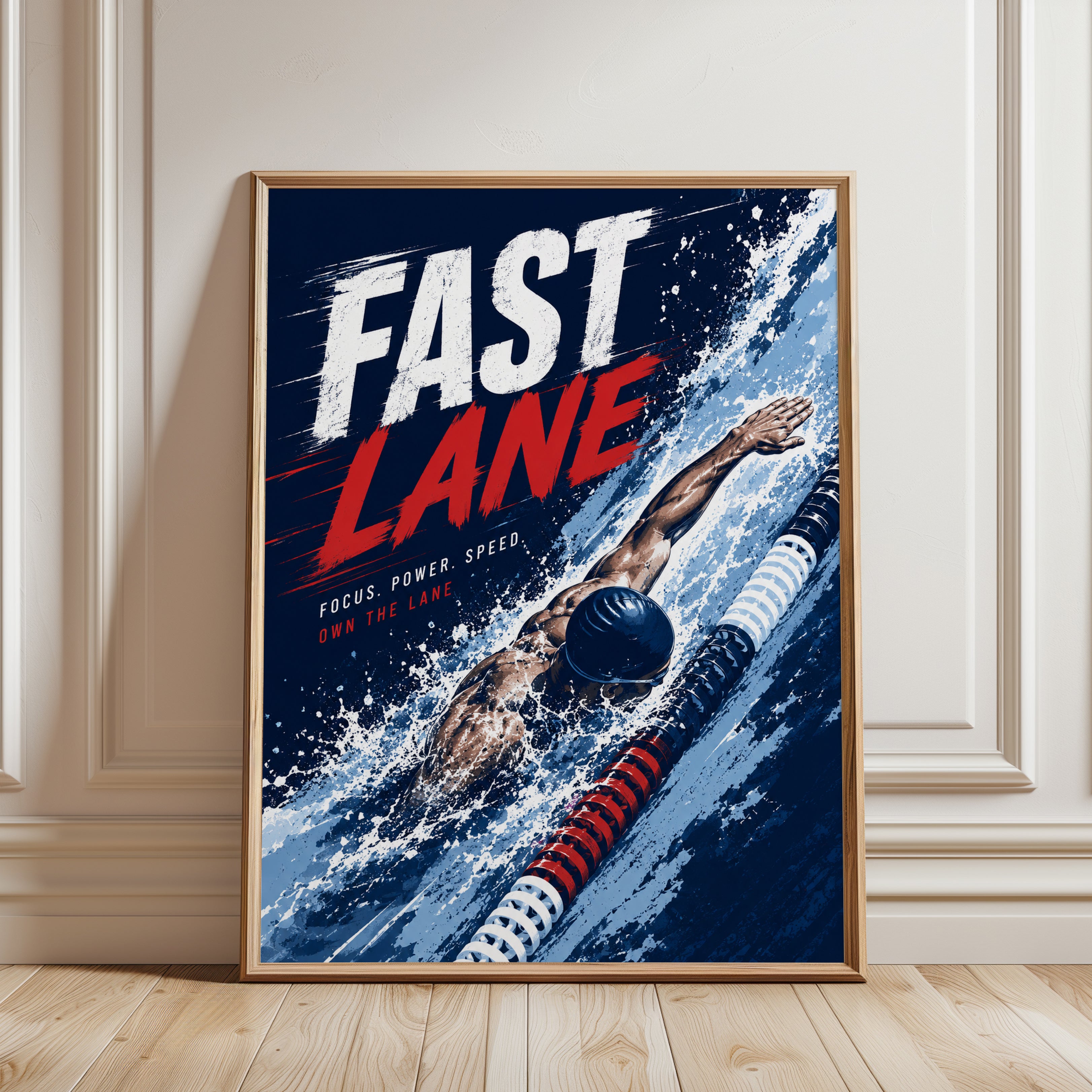 Fast Lane Swimming Poster: Retro Sports Motivational Art Print - framed detail