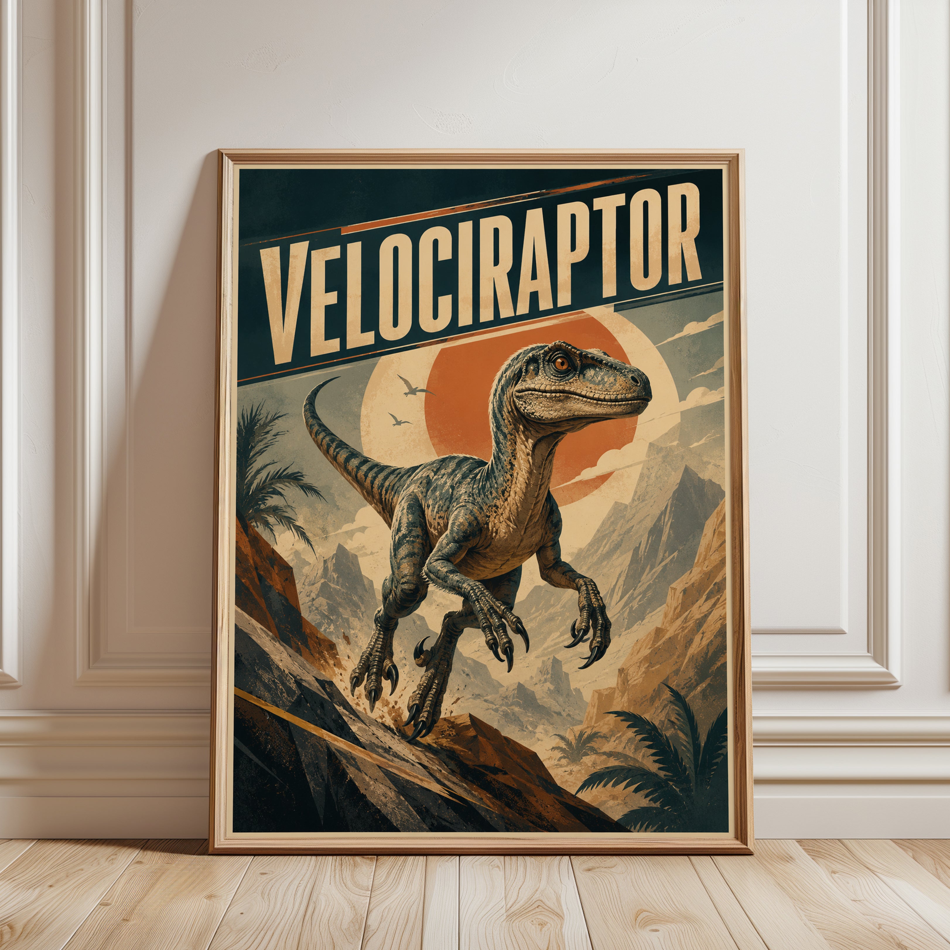 Velociraptor Vintage Poster - framed detail