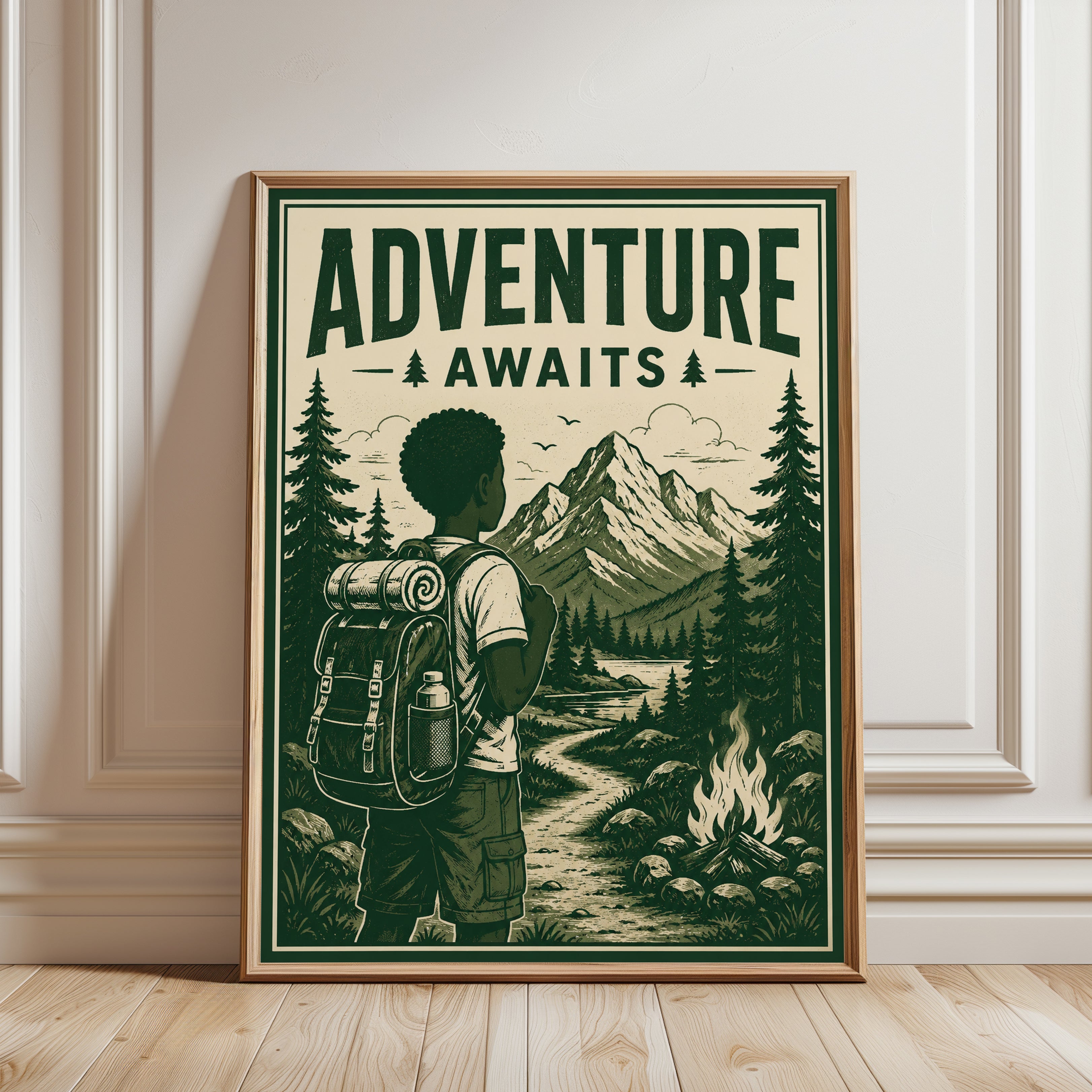 Adventure Awaits Poster: Vintage Mountain Hiking Art Print - framed detail
