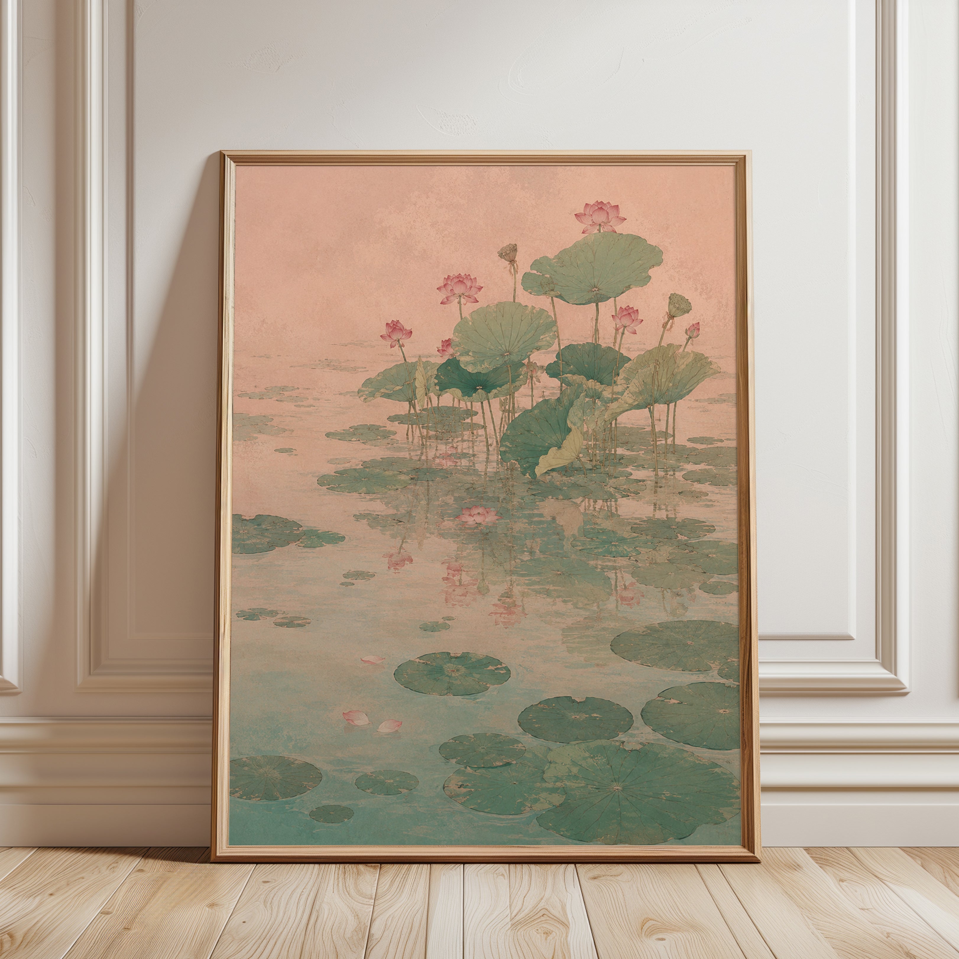 Lotus Pond Art Print: Vintage Asian Botanical Watercolor - framed detail