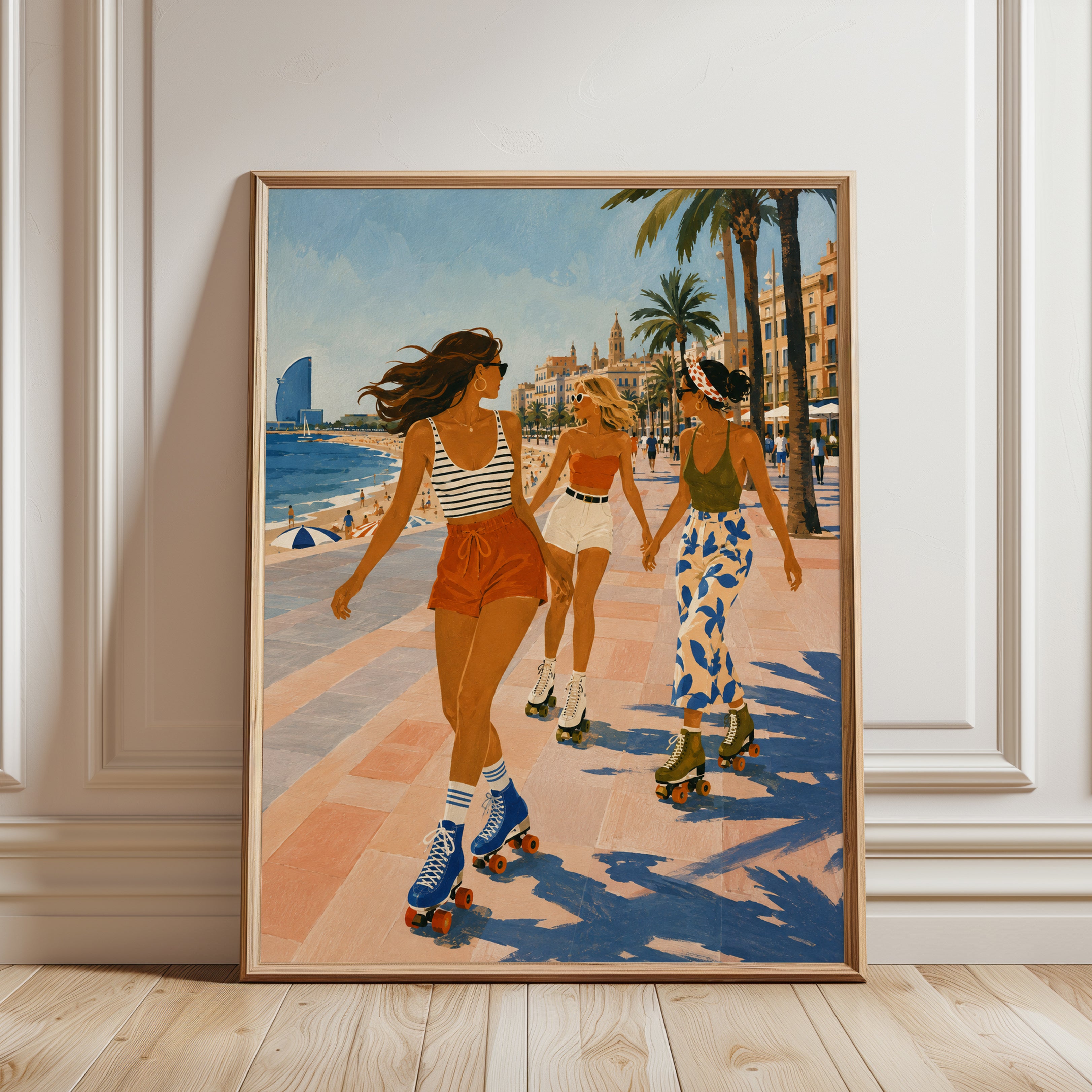 Roller Skating Girls Mediterranean Beach Art Print: Vintage Summer - framed detail