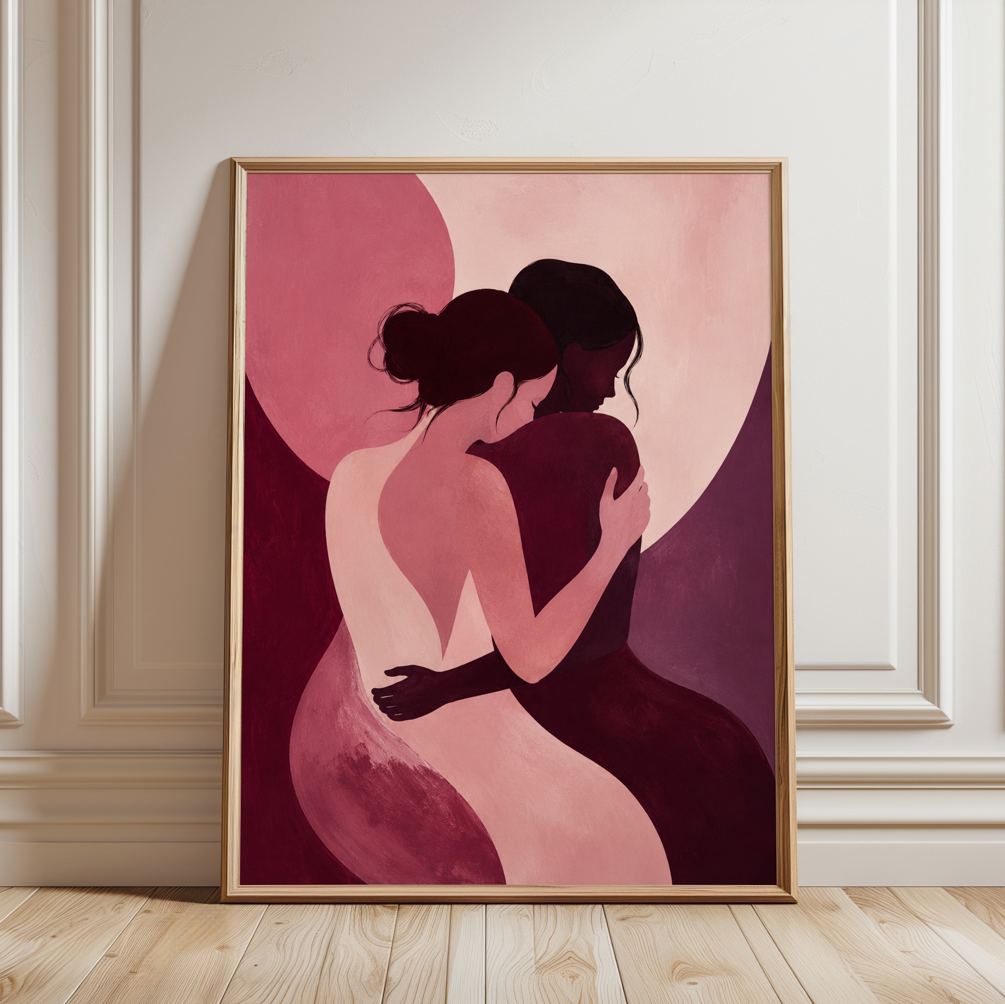Embrace Silhouette Art Print: Modern Pink and Burgundy Figures - framed detail