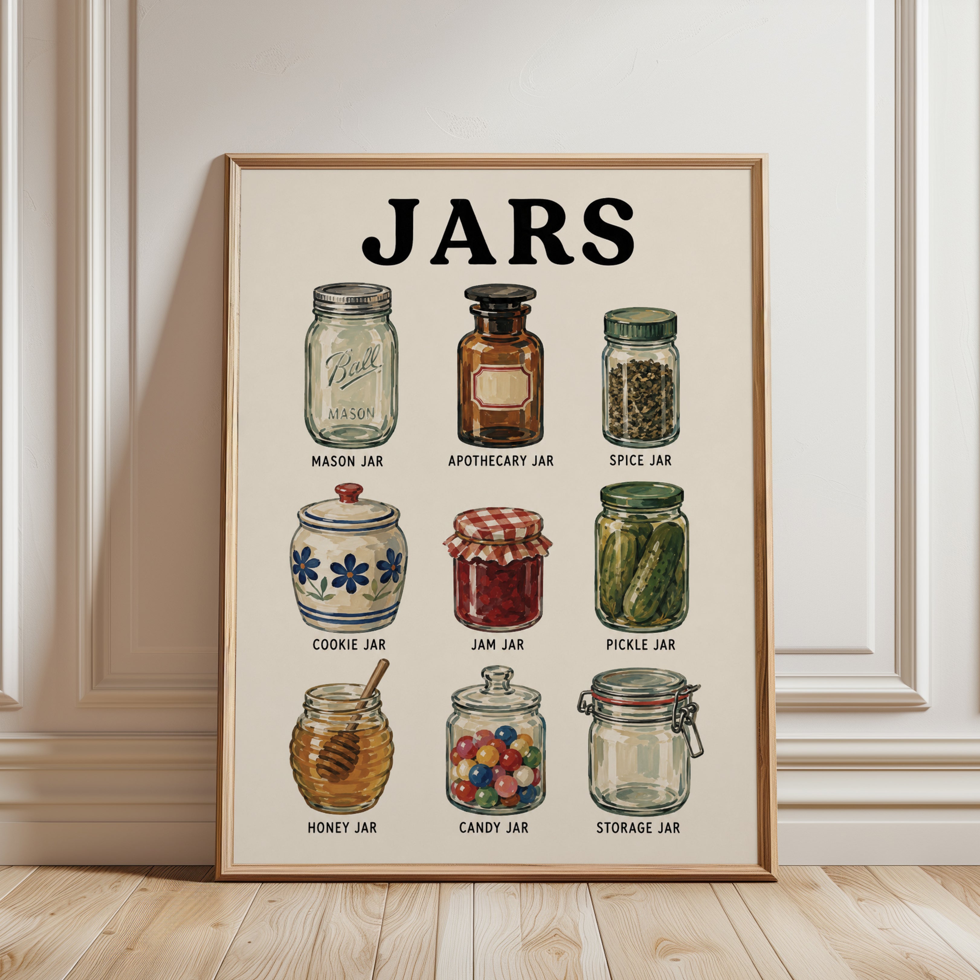 Jars Kitchen Wall Art – Types of Jars Poster - framed detail