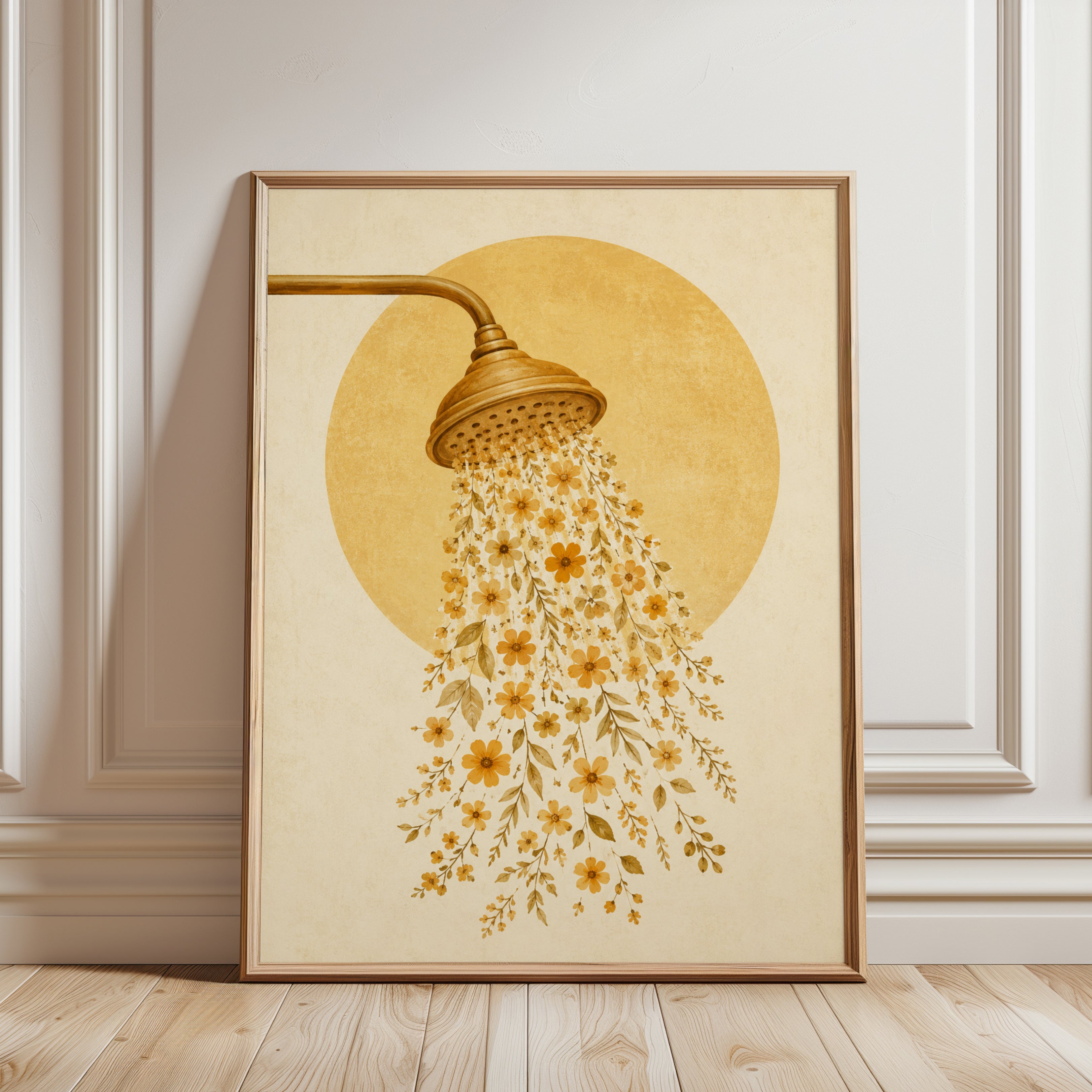 Bathroom Floral Shower Art – Yellow Flower Print - framed detail