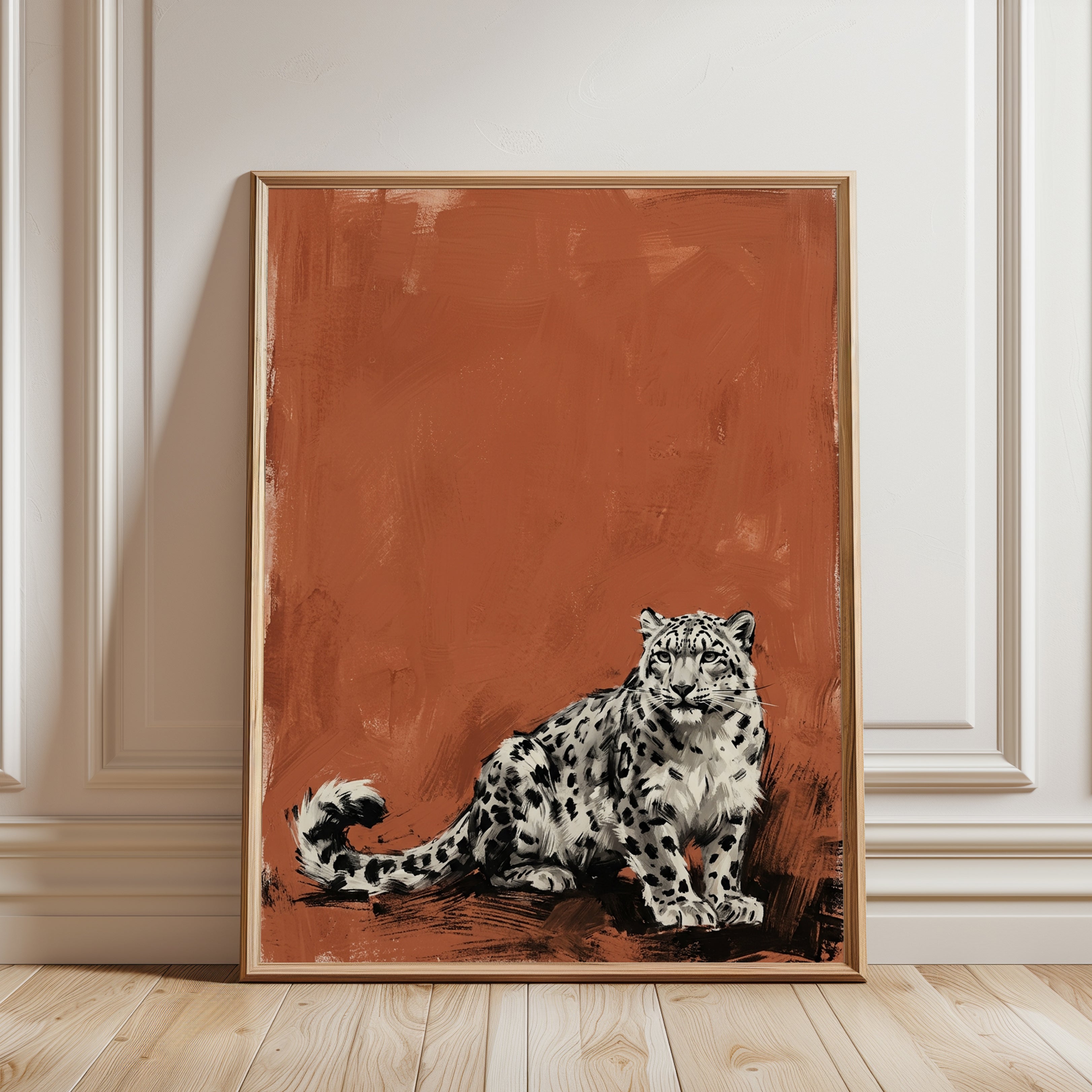 Snow Leopard Wall Art: Contemporary Wildlife on Terracotta - framed detail